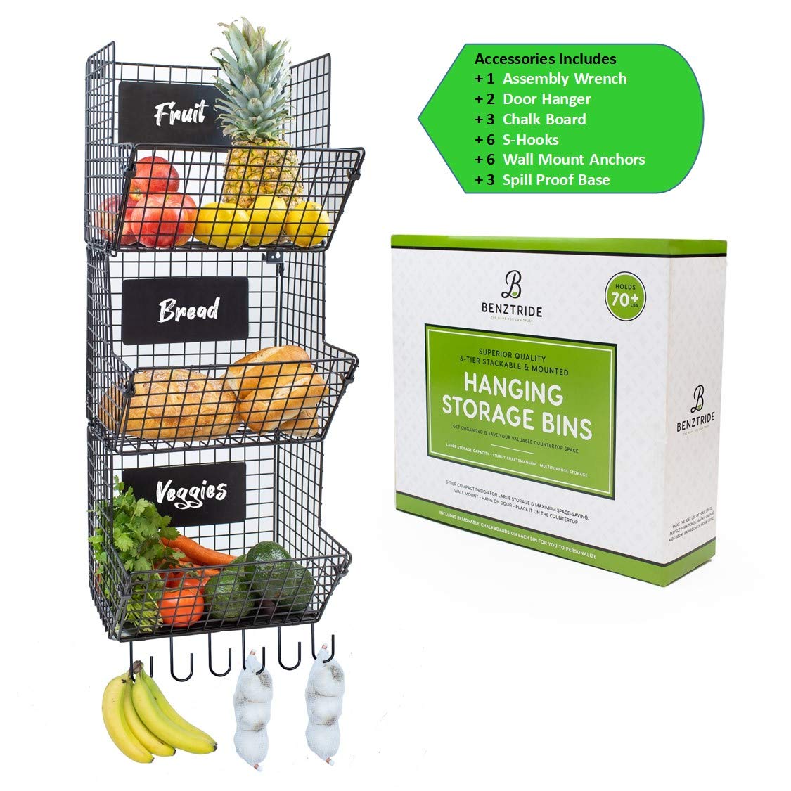 3-Tier Hanging Fruit Basket Organizer with 6 Banana Hooks & 3 Chalkboard Labels - Sturdy Metal Storage Shelf for Kitchen Pantry, Bathroom, Laundry Room & Garage - Perfect for Organizing Fruits, Vegetables, Spices & Household Items