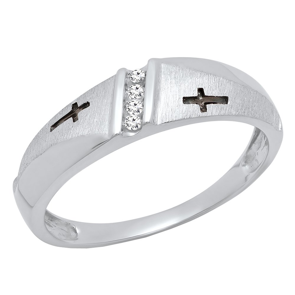 10K White Gold Men's Round Diamond Cross Wedding Band - 1/20 CTW Single Row Ring for Engagement, Anniversary & Gifts - Dazzlingrock Collection