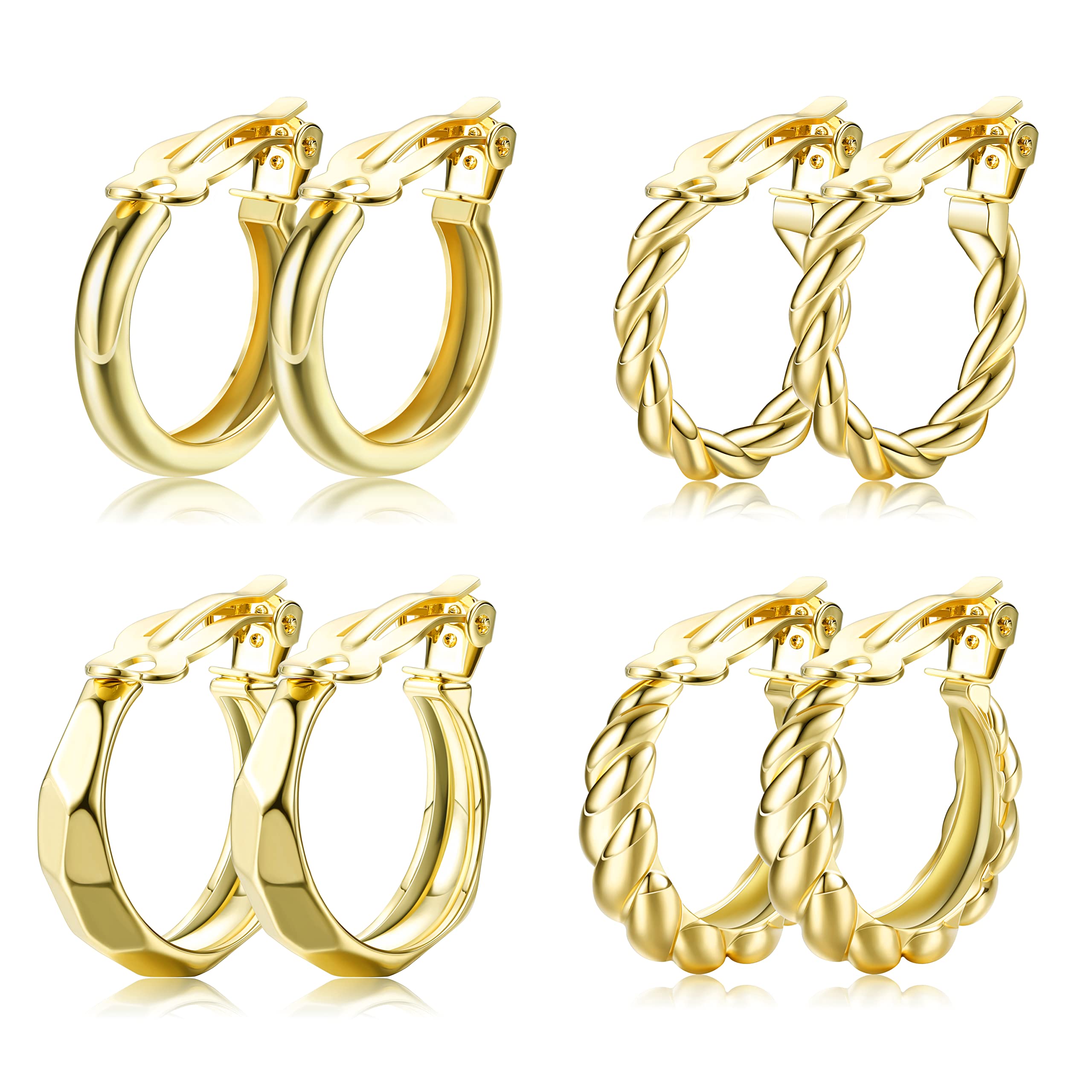 Fiasaso 4 Pairs 14K Gold Plated Clip On Hoop Earrings for Women & Teens - Hypoallergenic Non-Piercing Chunky Fake Earrings - Perfect for Parties, Weddings & Everyday Wear