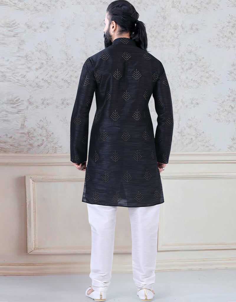 Elegant Black Silk Kurta with Sequence Work & Churidar - Perfect for Festivals, Weddings & Special Occasions