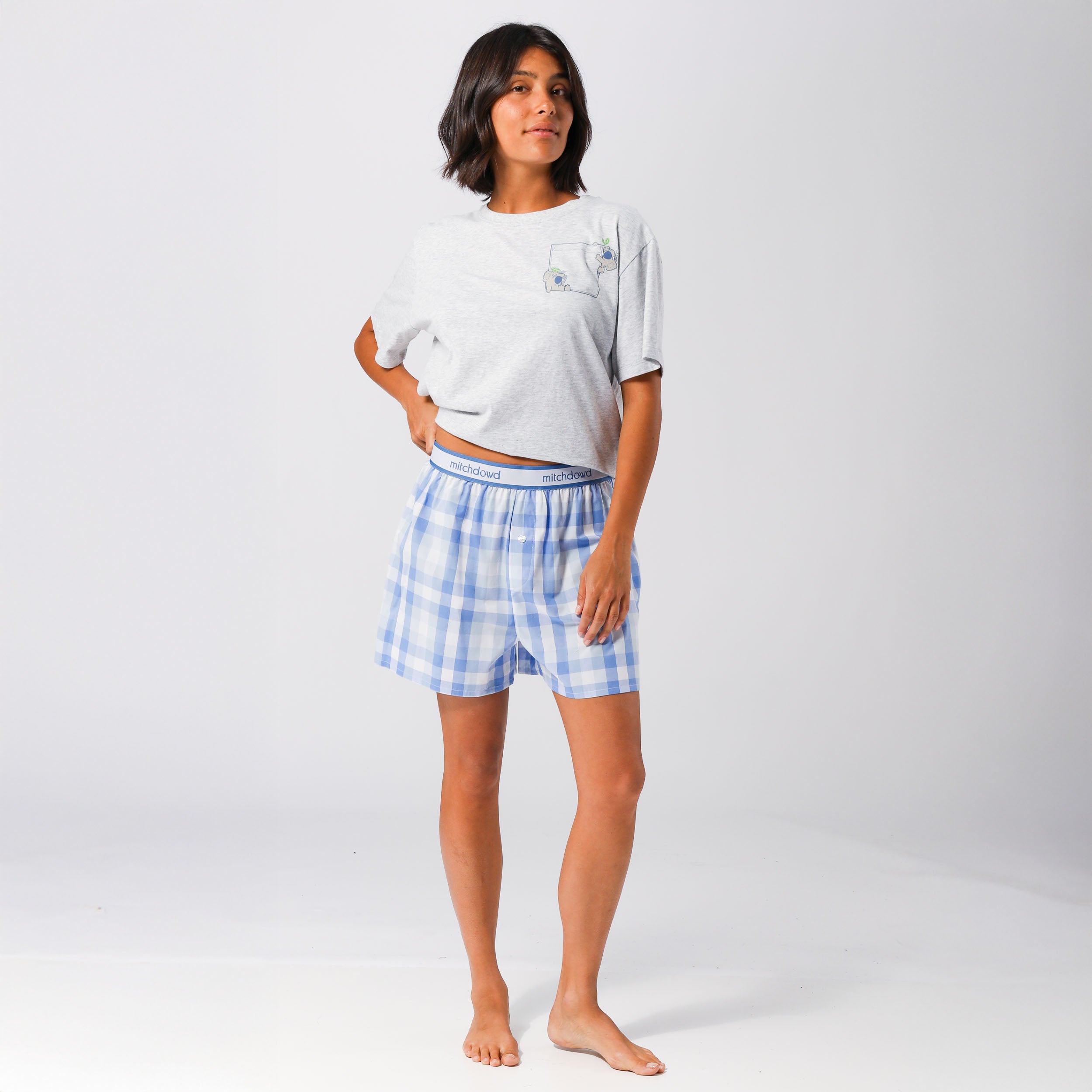 Women's Cotton Checkered Sleep Boxer Shorts - Sky Blue - Comfortable Lounge & Sleepwear for Relaxing at Home