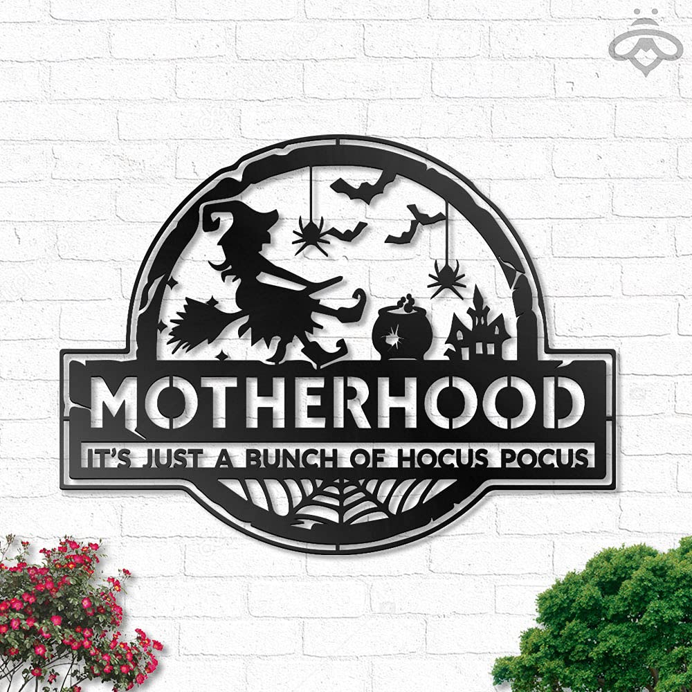 Witch Motherhood Just a Bunch of Hocus Pocus Metal Wall Art - LED Backlit Halloween Decor for Living Room, Outdoor & Home - Scary Black Metal Sign (16x16 inches, No Lights Included) - Perfect for Halloween Parties, Haunted House Decor & Gothic Home Decorations