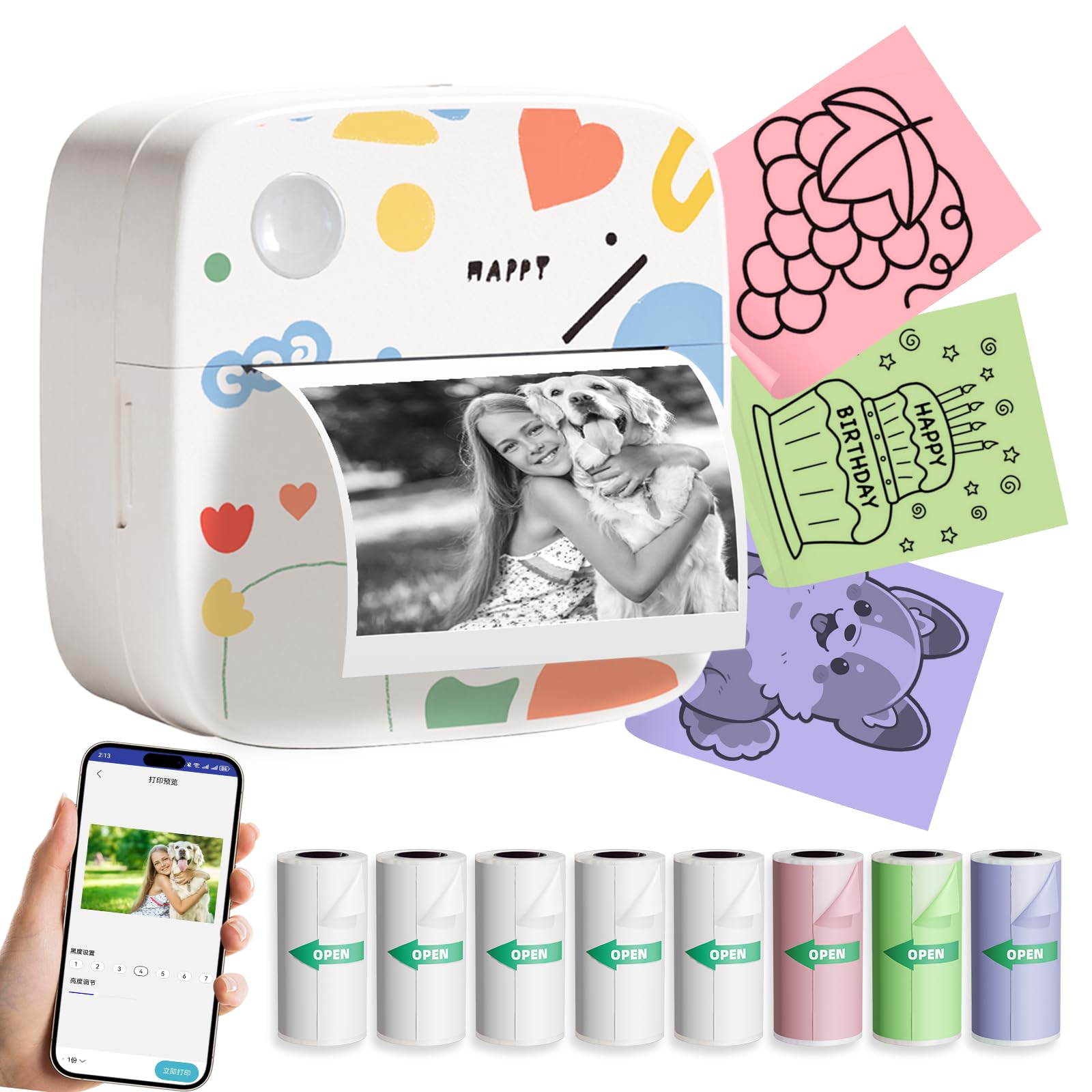 Bluetooth Portable Thermal Sticker Printer with 9 Rolls Thermal Paper - Compatible with iOS & Android - Pocket Inkless Mini Label Maker for Study, Journal, Memo, Notes - Perfect for Home, Office & School Organization