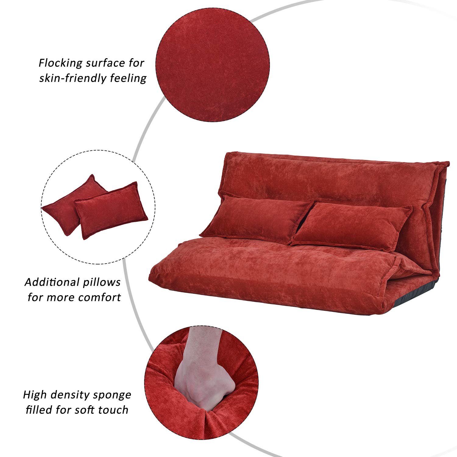 Adjustable Lazy Sofa Bed - Modern Floor Sofa for Gaming & Leisure with 2 Pillows - Polyester Red - Perfect for Living Room, Bedroom & Small Spaces