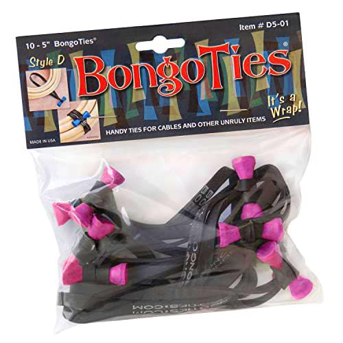 Pink & Black Flamingo Pattern Bongo Ties - 10 Pack Style D | Natural Rubber & Bamboo Professional Cable Ties | Secure Wires, Cords & Organize Home/Office Accessories