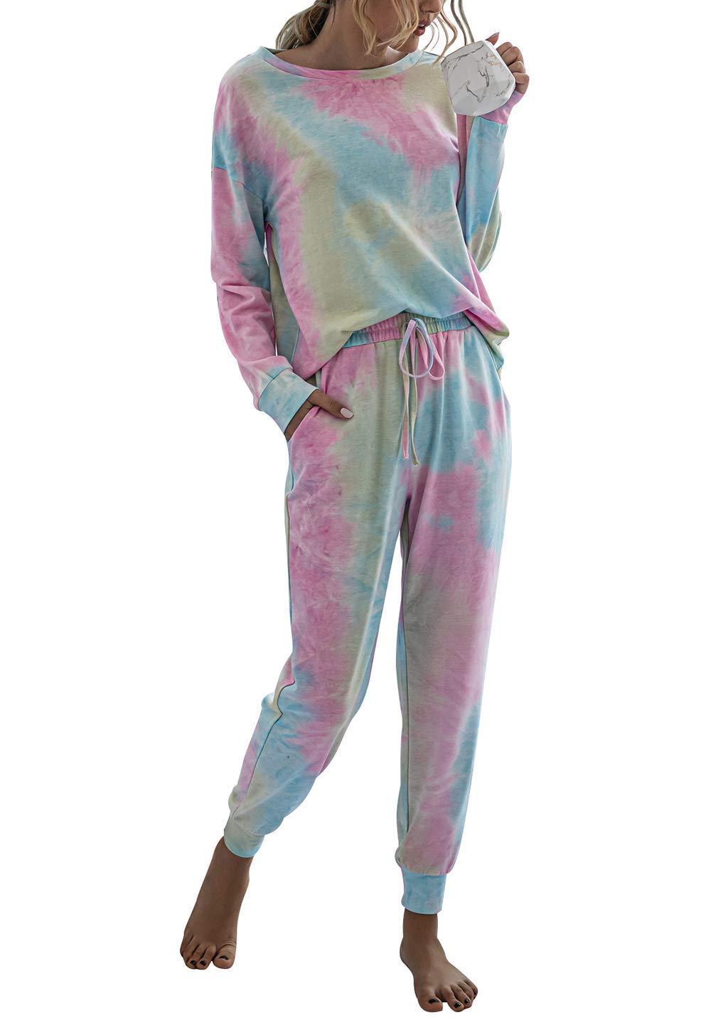 TSMNZMU Women's Tie Dye Pajama Set - 2 Piece Long Sleeve Sleepwear with Pockets, Soft Pullover Top & Jogger Pants for Lounge, Sleep & Relaxation at Home
