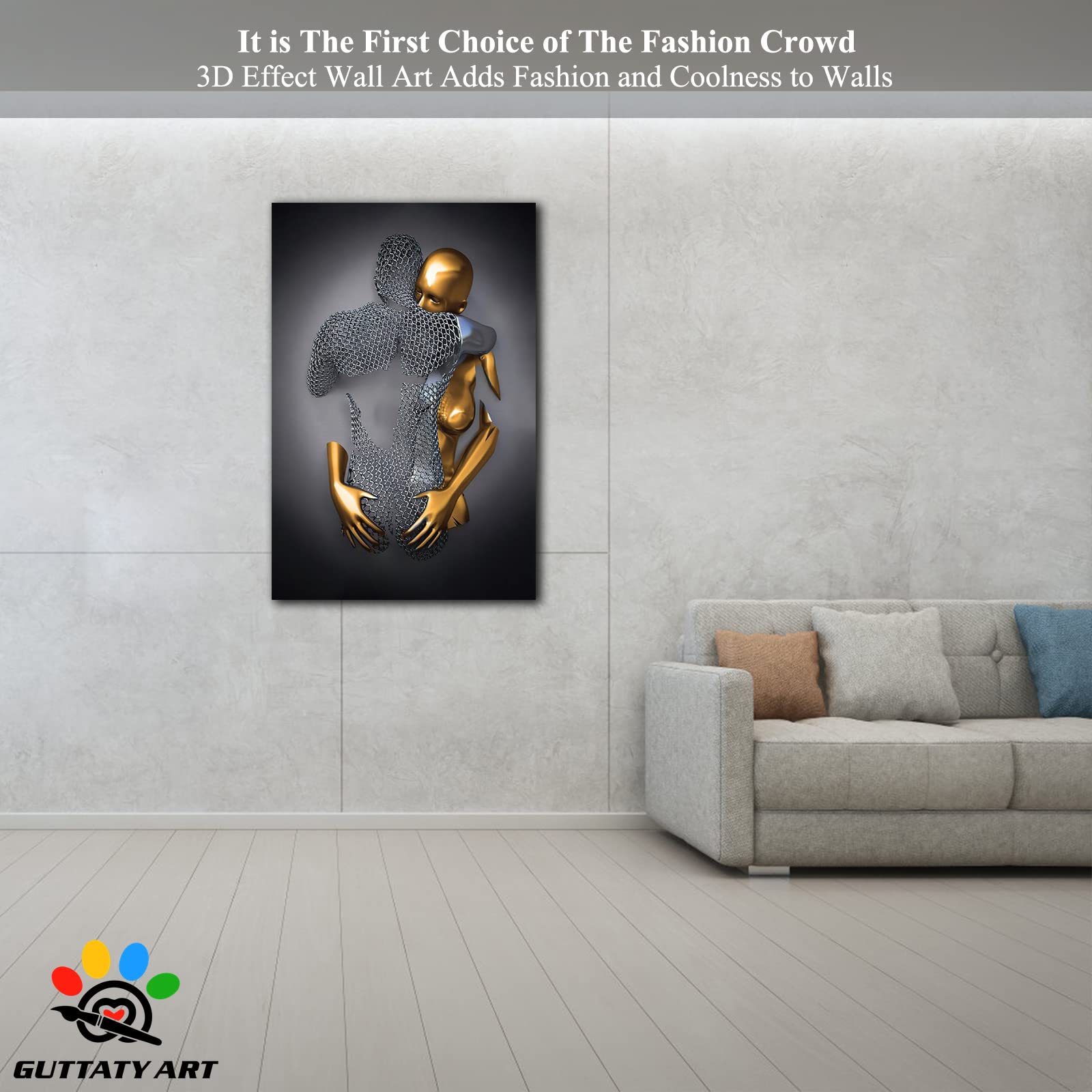 3D Metal Effect Love Heart Gray Wall Art - Romantic Hugging Couple Canvas Painting for Bedroom & Living Room Decor - Modern Valentine's Day Gift for Couples (28x40 Inches) - Perfect for Anniversary, Wedding & Home Interior Design