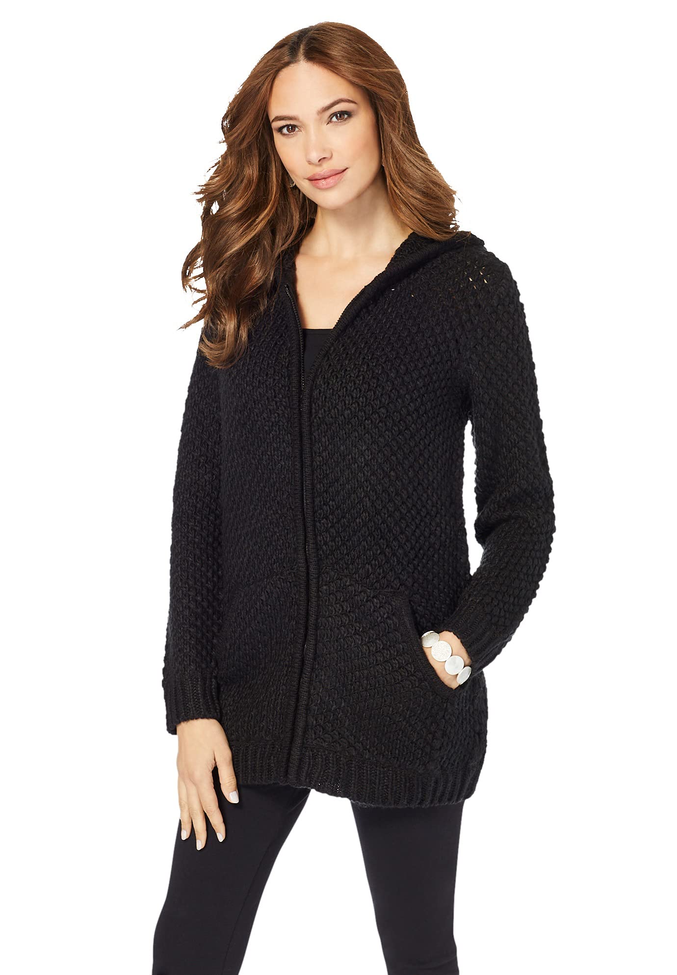 Roaman's Women's Plus Size Marled Thermal Waffle Hoodie Cardigan Sweater - Cozy Winter Wear for Lounge, Work & Outdoor Activities
