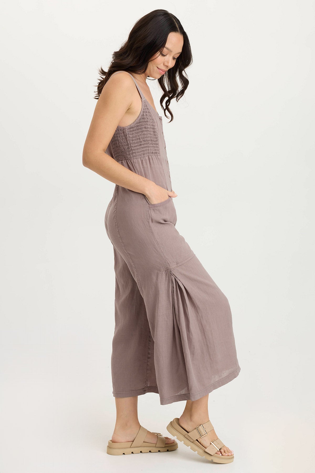 Leoda Women's Linen Snap Up Jumpsuit - Comfortable Summer Romper with Pockets for Casual Wear, Beach Vacation & Outdoor Activities