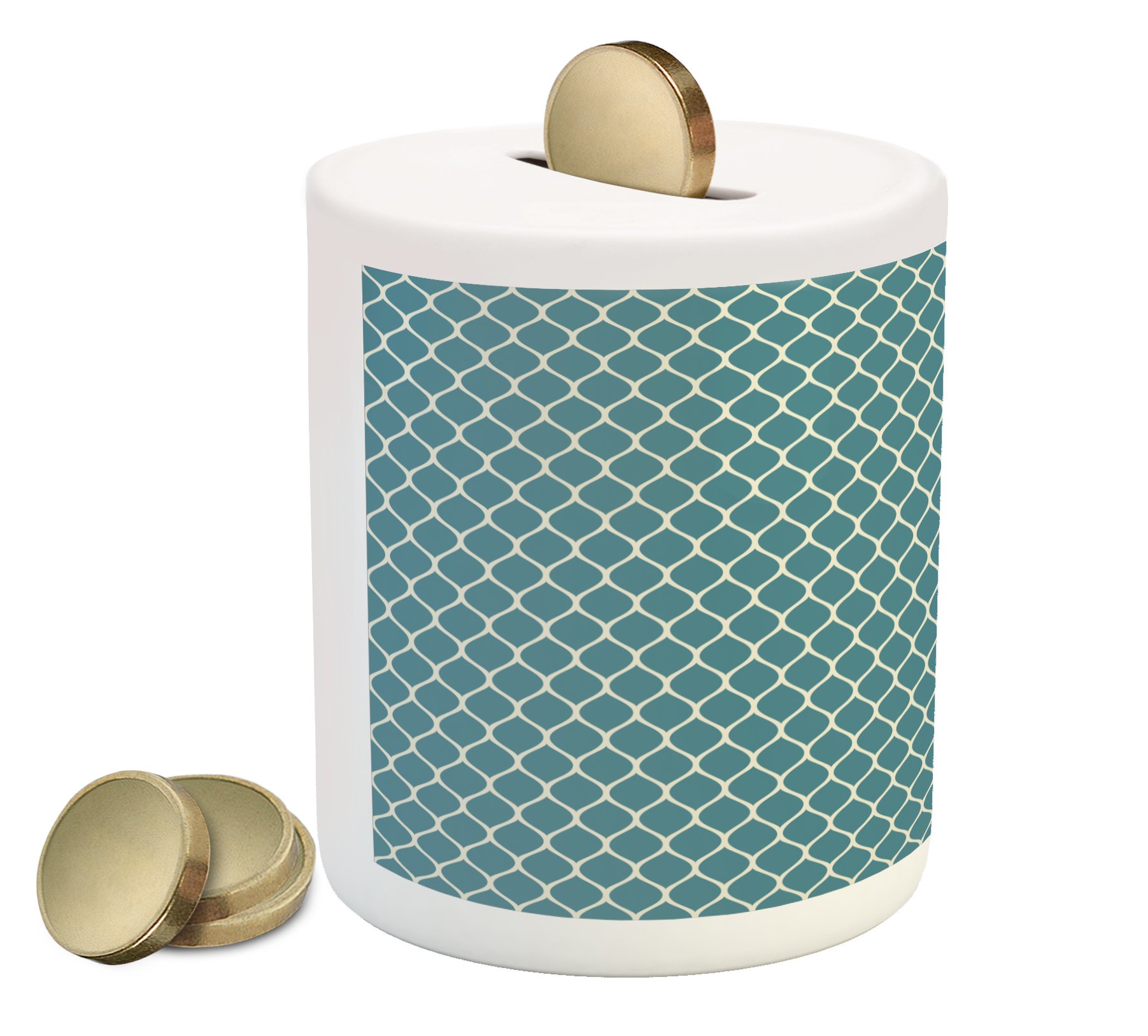Ambesonne Ceramic Piggy Bank - Blue & White Modern Lattice Pattern with Wavy Lines, Money Saving Coin Bank for Kids & Adults | Perfect for Birthday Gifts, Home Decor, and Financial Education