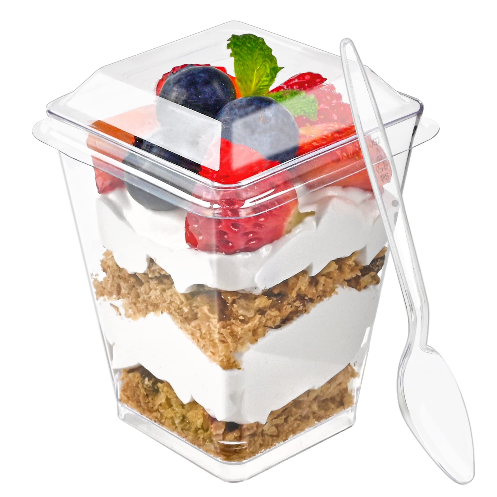 50 Pack 5 oz Clear Plastic Dessert Cups with Lids & Spoons - Reusable Mini Parfait Containers for Banana Pudding, Yogurt, Jello, Fruit Trifle - Perfect for Parties, Catering, and Individual Dessert Serving