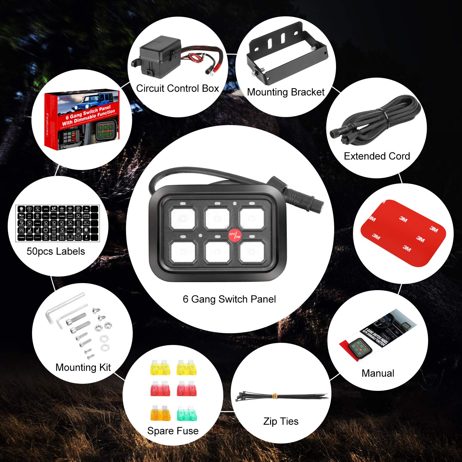 6 Gang Switch Panel with Auto Power Plus - Universal Dimmable Touch Control Box with Relay System & Harness Label Sticker for Car, Marine, Boat, ATV, UTV, Truck - Perfect for Off-Road Adventures & Night Driving