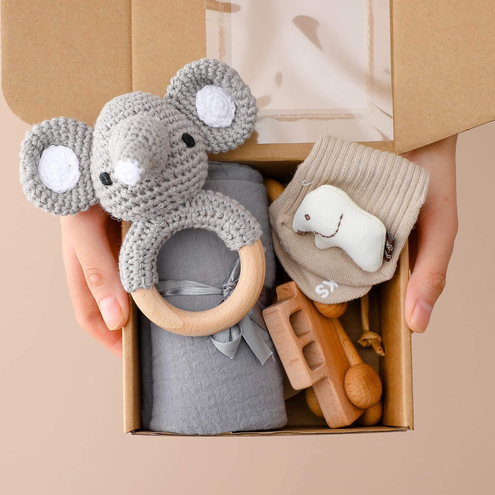 6-Piece Newborn Baby Gift Set for Boys & Girls - Baby Shower Essentials with Blanket, Rattle & Bath Items | Perfect for Newborn Gifts, Baby Showers & First Birthday Presents (Gray Elephant-5)