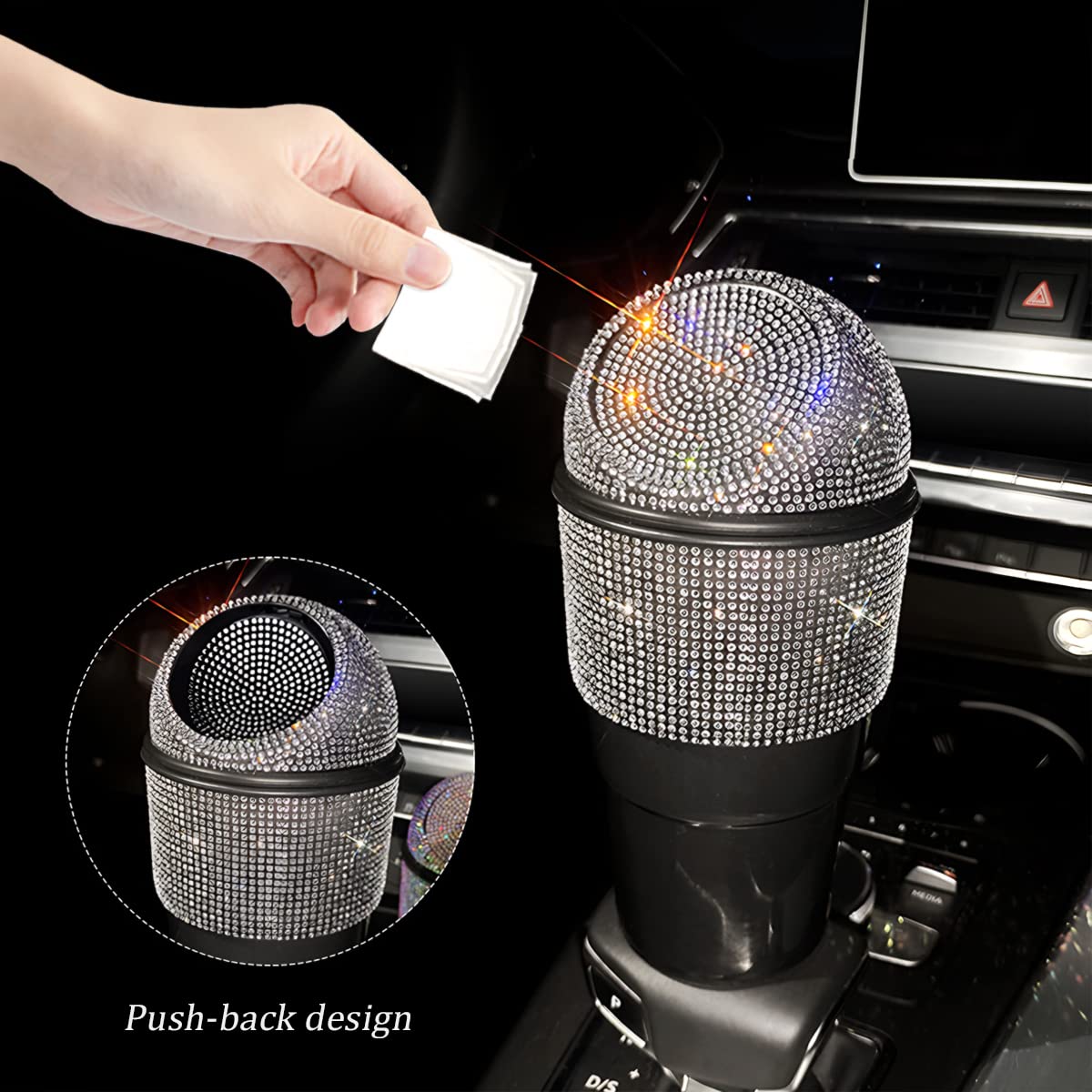 AICEL Rhinestone Car Trash Can with Lid - Mini Leakproof Garbage Bin for Auto Cup Holder, Crystal Small Trash Can for Car, Home, Office, Kitchen & Bedroom - Perfect for Road Trips, Daily Commute & Workspace Organization