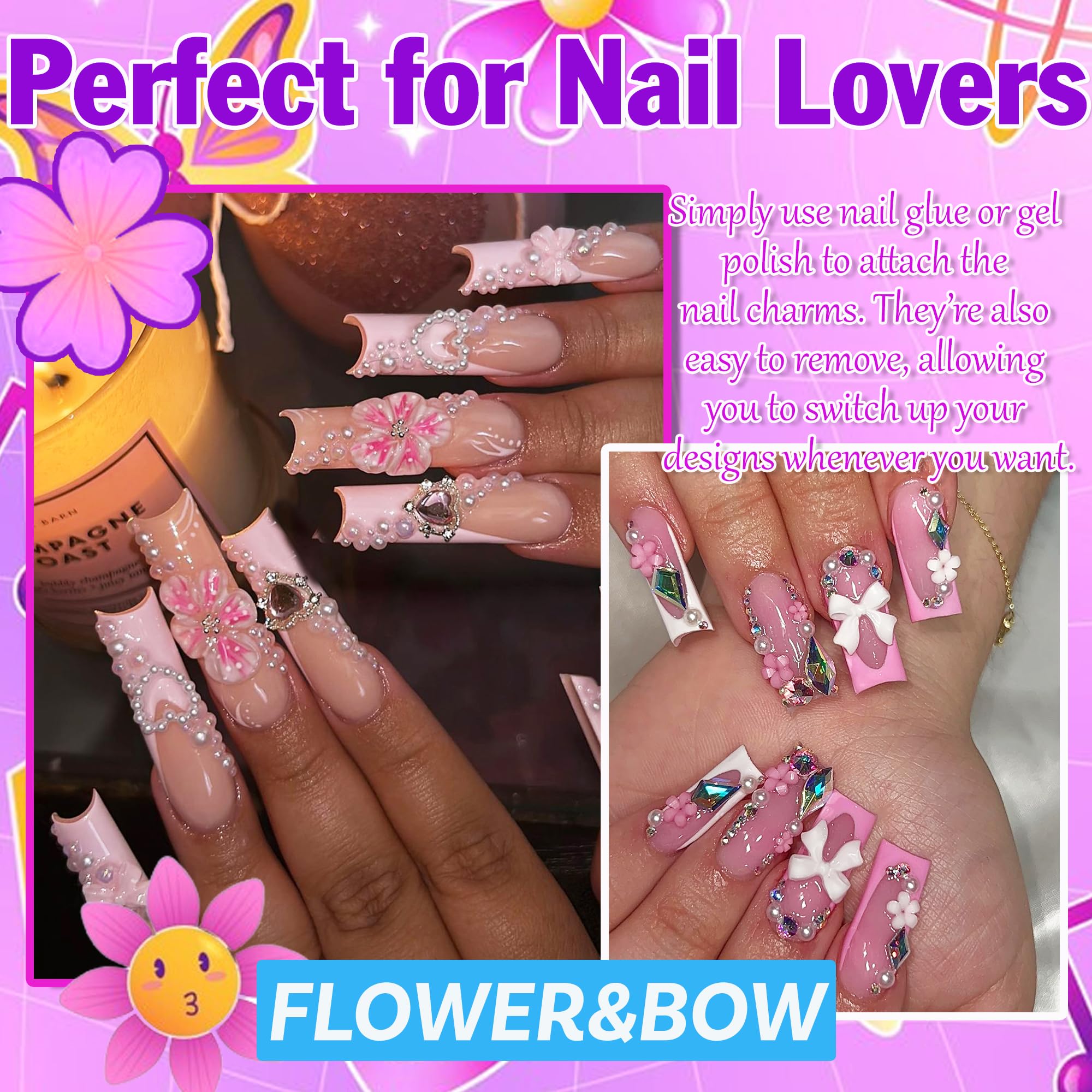 3D Flower Nail Charms Bulk - Pink & White Bow Pearls Charms for Nail Art, Cherry Blossom Butterfly Heart Pearl Nail Gems - Perfect for DIY Nail Design, Salon Manicure, Wedding & Party Nail Decoration