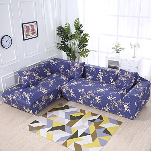 ELEOPTION Stretchable Sectional Sofa Slipcover - 2-Piece Universal L-Shaped Couch Cover with Gift Pillow - Breathable Fabric Sofa Protector (Flower-Blue, 4+3 Seater) - Perfect for Living Room, Family Room & Home Decor Protection