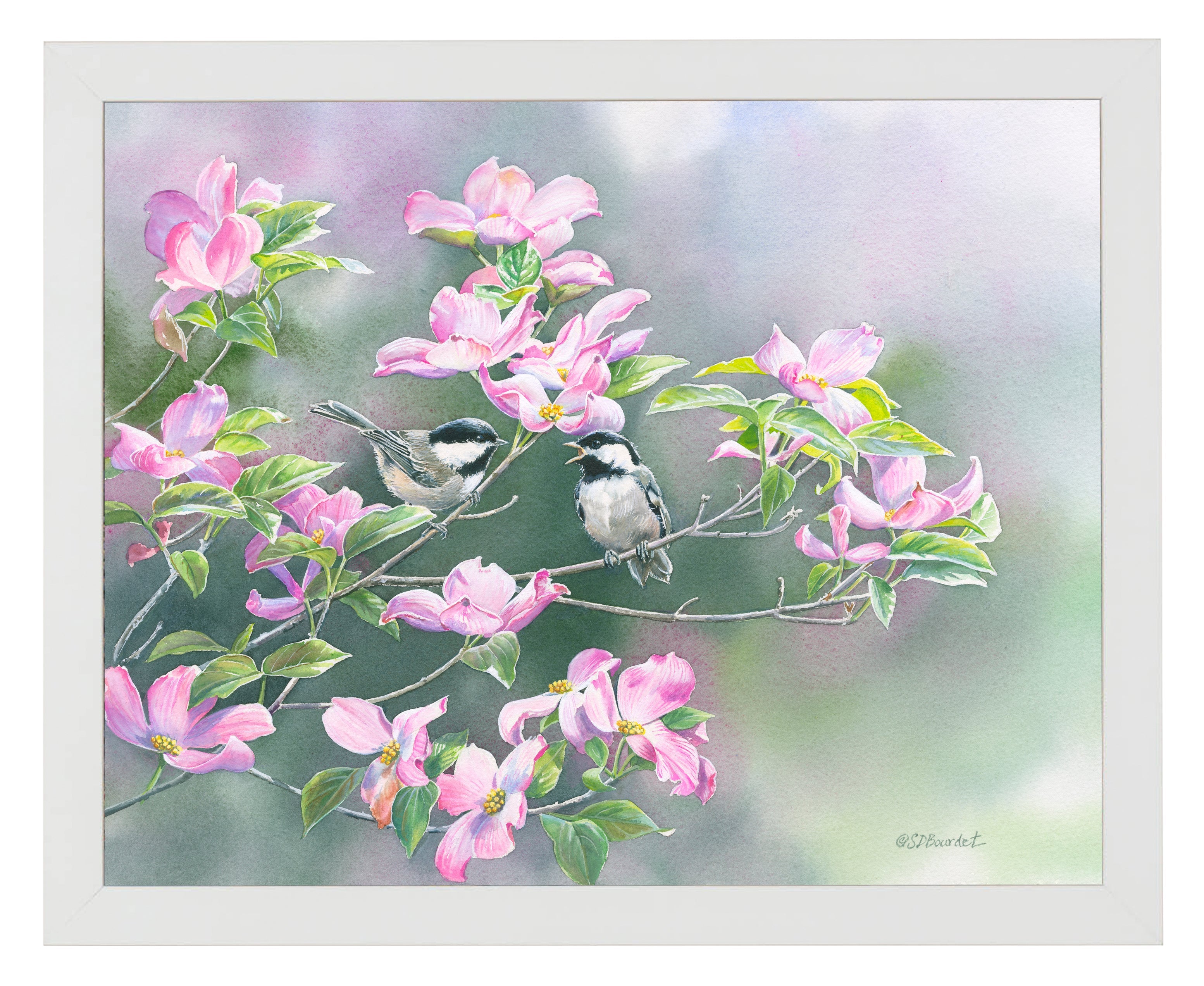 Chickadees in Dogwood Art Prints - Handmade Bird Wall Decor for Living Room, Bedroom & Office