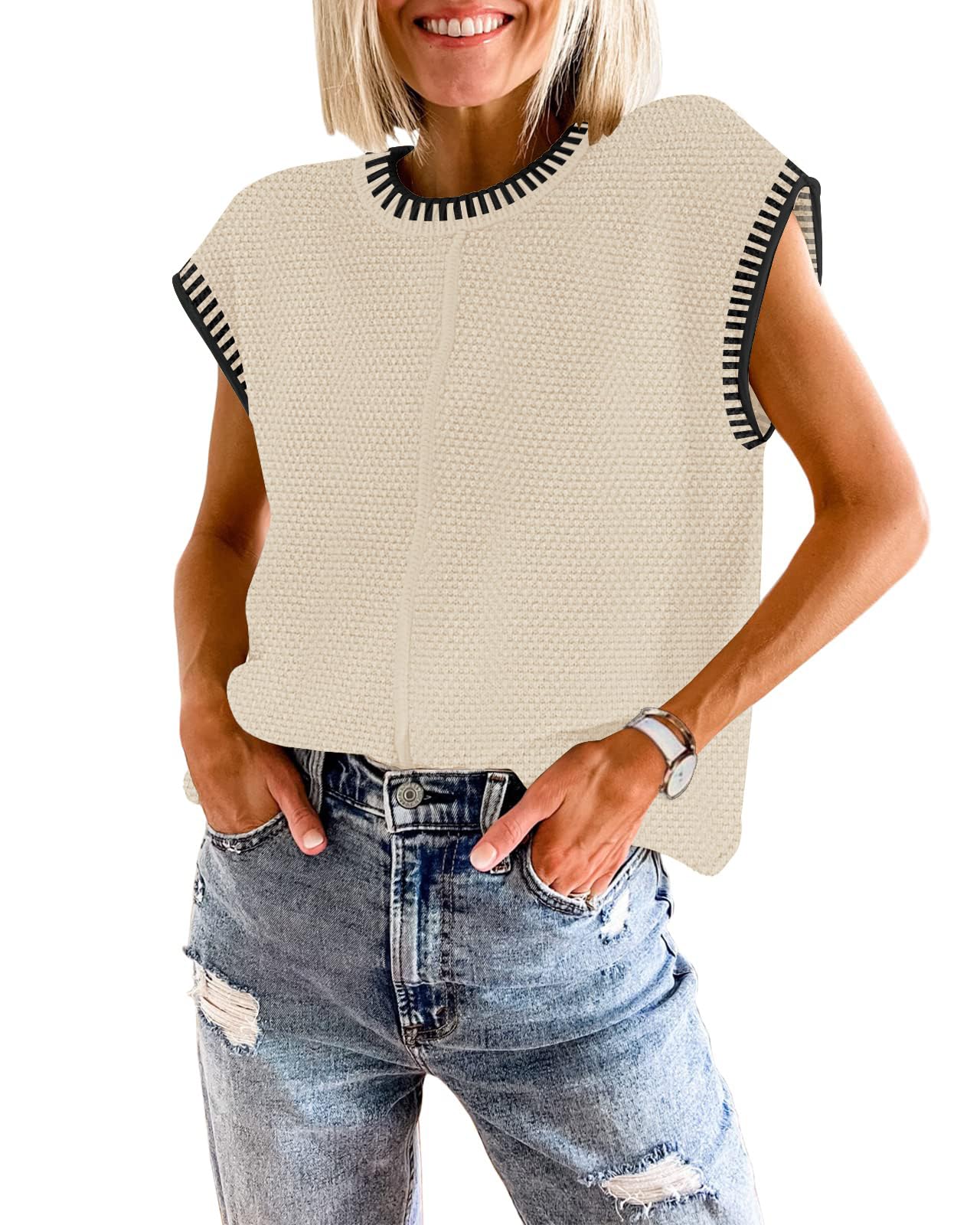 Women's Waffle Knit Sweater Shirts - Cap Sleeve Summer Tops & Basic Tank Tops for Casual Wear, Beach Outfits & Layering