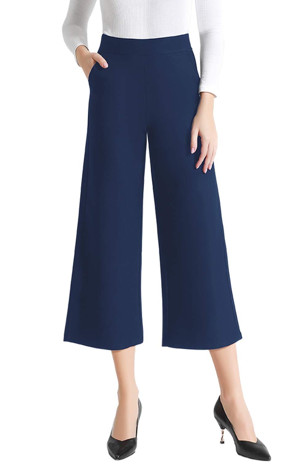 TSFUL Women's Wide Leg High Waisted Dress Pants - Stretchy Pull-On Business Casual Trousers for Work | Summer Capri Slacks for Office & Travel