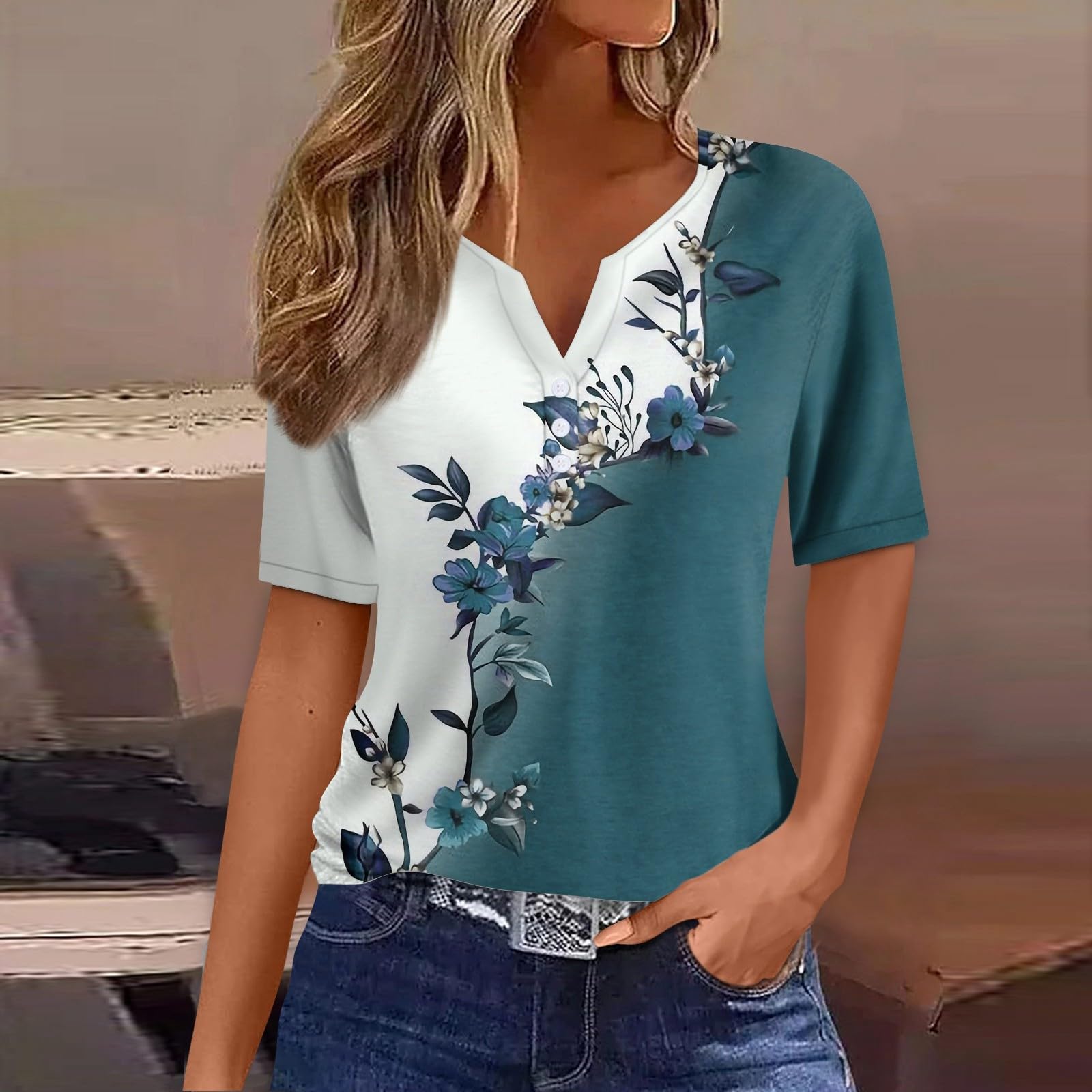 Women's Summer Tops Short Sleeve V-Neck Button Tunic Blouse - Trendy Casual Shirt for Leggings | Perfect for Office, Weekend Outfits & Summer Travel