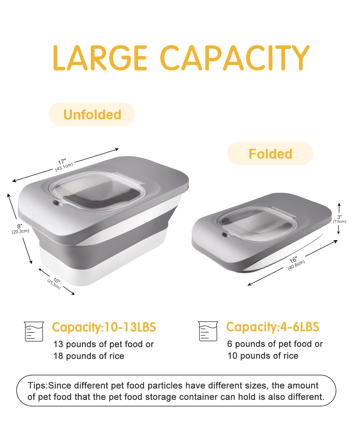 13Lbs Collapsible Airtight Pet Food Storage Container with Lid - Perfect for Dog Food, Cat Food, Rice & Cereal Storage - Includes Silicone Bowl & Scoop - Space Saving Design for Kitchen, Pantry or Travel (Grey)