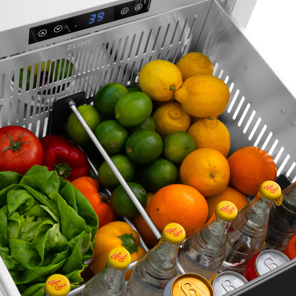 ZLINE Autograph Edition 24 Inch Touchstone 168 Can Outdoor Rated Dual Refrigerator Drawer - Black Stainless Steel with Polished Gold Handles (RDSOZ BS 24 G) | Perfect for Outdoor Kitchens, Patio Bars & Entertaining Areas