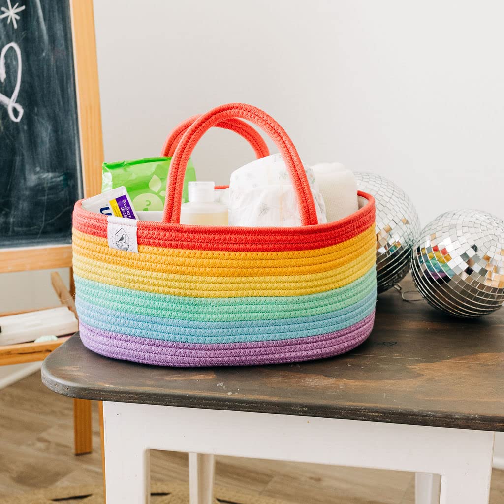 OrganiHaus Rainbow Baby Diaper Caddy Organizer - Woven Rope Nursery Basket for Diapers, Baby Wipes & Essentials | Perfect for Changing Tables, Nursery Storage & Baby Shower Gifts | Stylish & Functional Baby Organizer for Girls & Boys