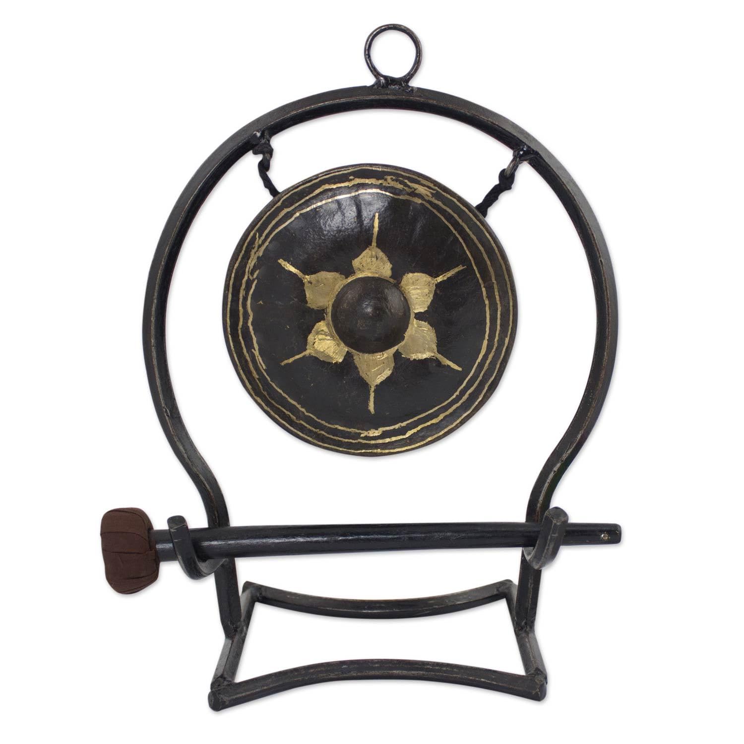 Handmade Thai Iron & Brass Tabletop Gong with Floral Design - Traditional Decorative Home Accent for Meditation, Yoga & Relaxation