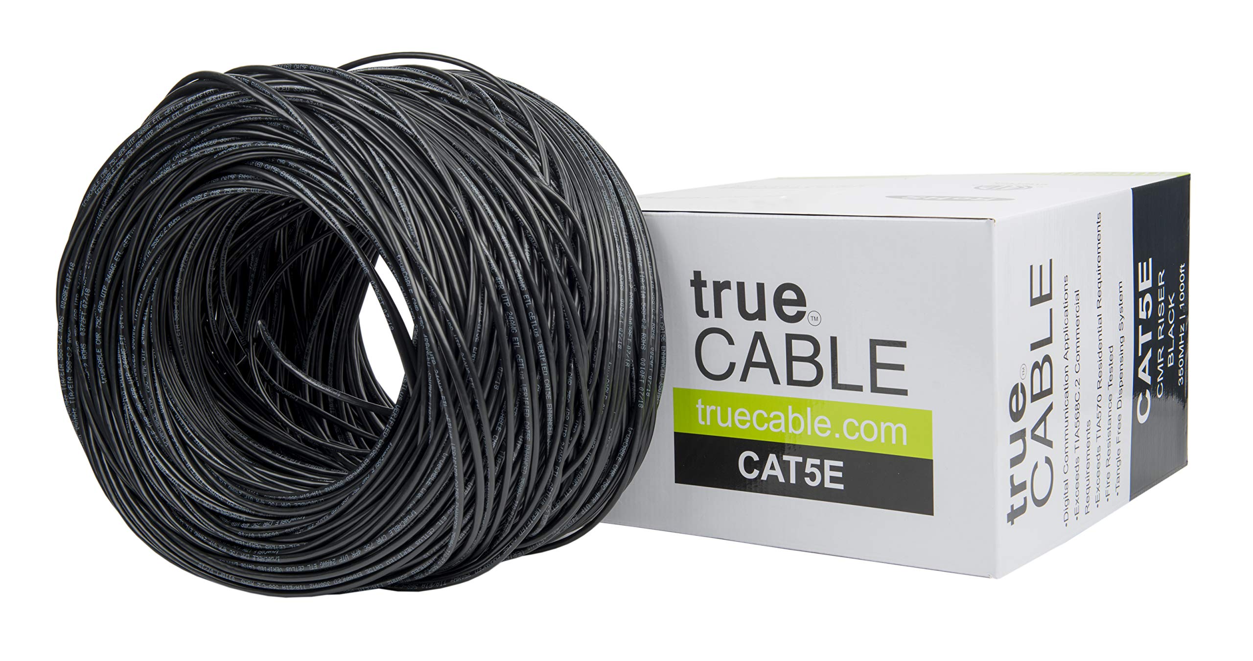 trueCABLE Cat5e Riser (CMR) Ethernet Cable - 1000ft Black 24AWG 4-Pair Solid Bare Copper, 350MHz, PoE++ (4PPoE) Certified, UTP Bulk Cable for Office Networking, Home Internet, and Data Center Installations