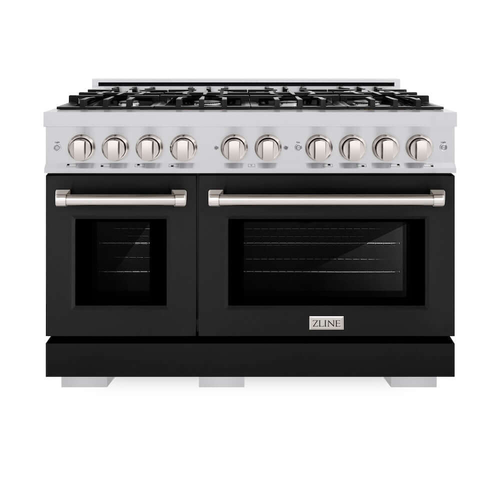 ZLINE 48-Inch 6.7 cu.ft Stainless Steel Dual Fuel Range with 8-Burner Gas Cooktop & Black Matte Doors - Professional Double Oven for Home Kitchen Cooking, Baking & Entertaining (HDR BLM 48)