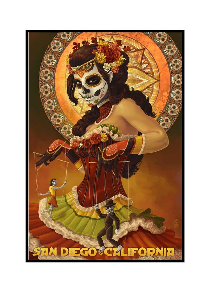 Day of the Dead Marionettes Framed Canvas Art - 24x36 Gallery Wrapped Stretched Wall Decor - San Diego California Inspired Mexican Folk Art - Perfect for Halloween, Dia de los Muertos Celebrations & Home Decor
