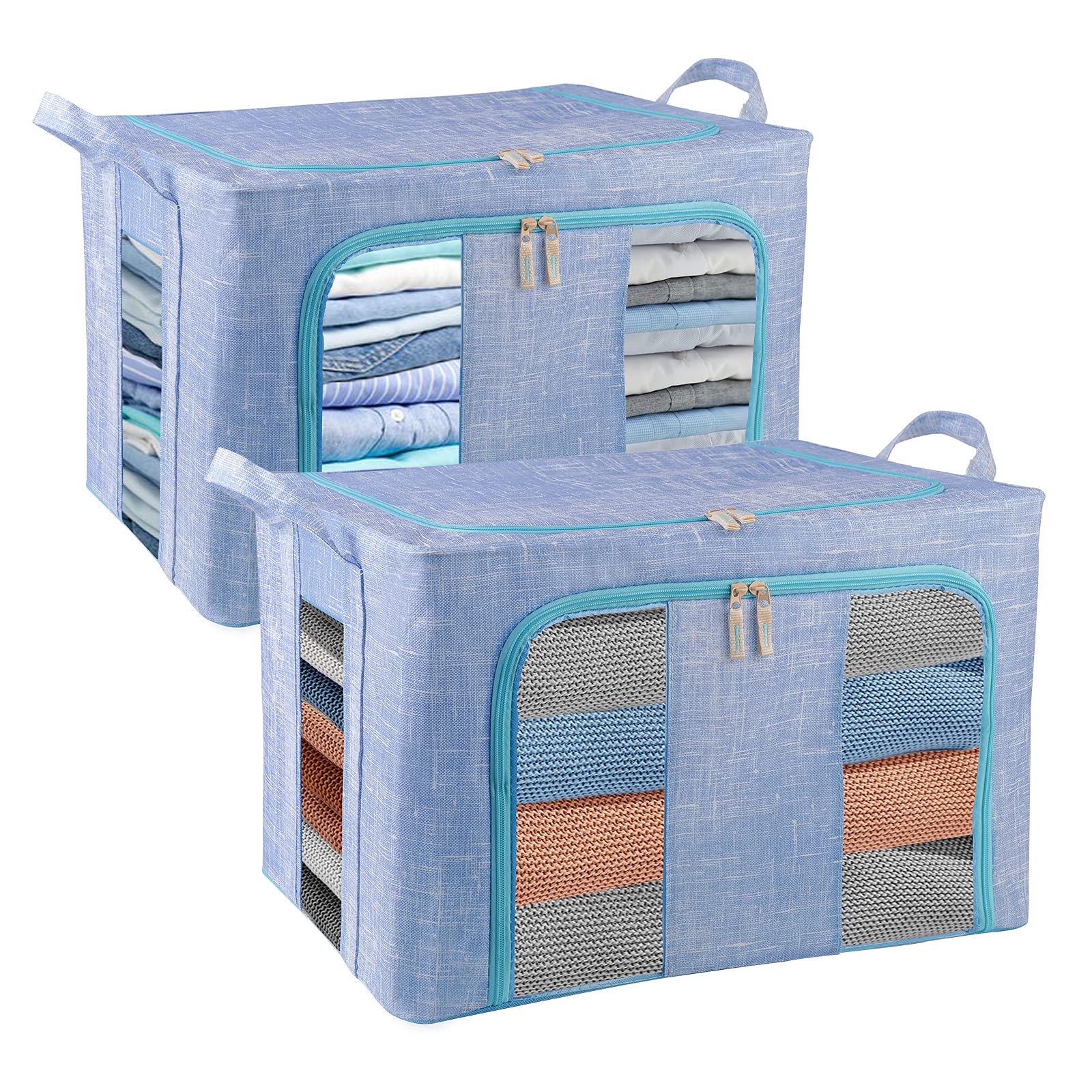 66L 2-Piece Foldable Linen Storage Bins with Metal Frame & Clear Window - Blue Fabric Clothes Organizer for Bedroom, Closet, Nursery - Perfect for Storing Clothes, Shoes, Toys & Home Organization