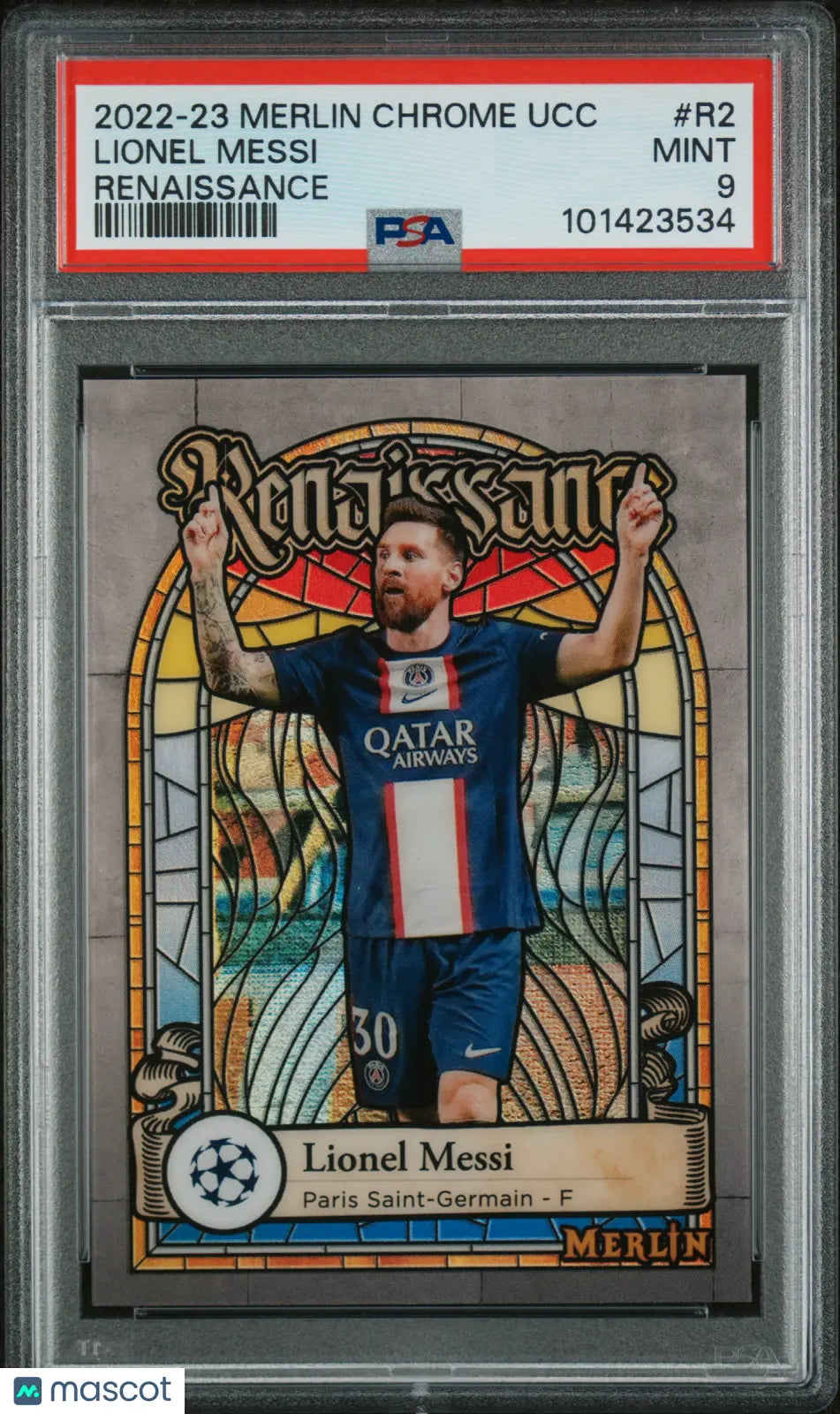 2022-23 Topps Merlin Chrome UCC Renaissance Stained Glass Lionel Messi PSA 9 Graded Soccer Card - Rare Collectible for Sports Memorabilia Fans & Card Investors, Perfect for Displaying in Home or Office Collections