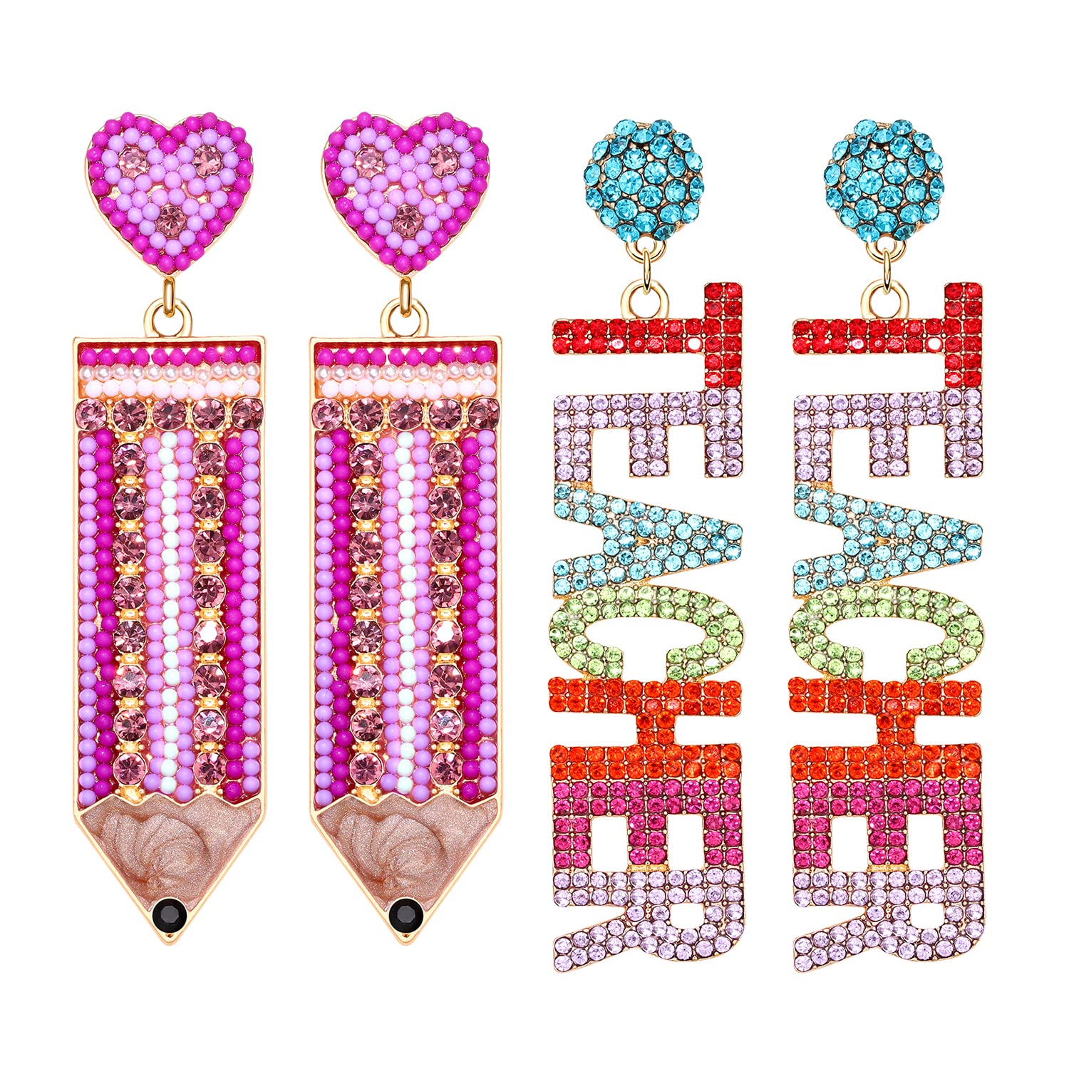 Hypoallergenic Teacher Earrings - Rhinestone Heart Pencil Dangle for Women | Back to School & Teacher's Day Gifts