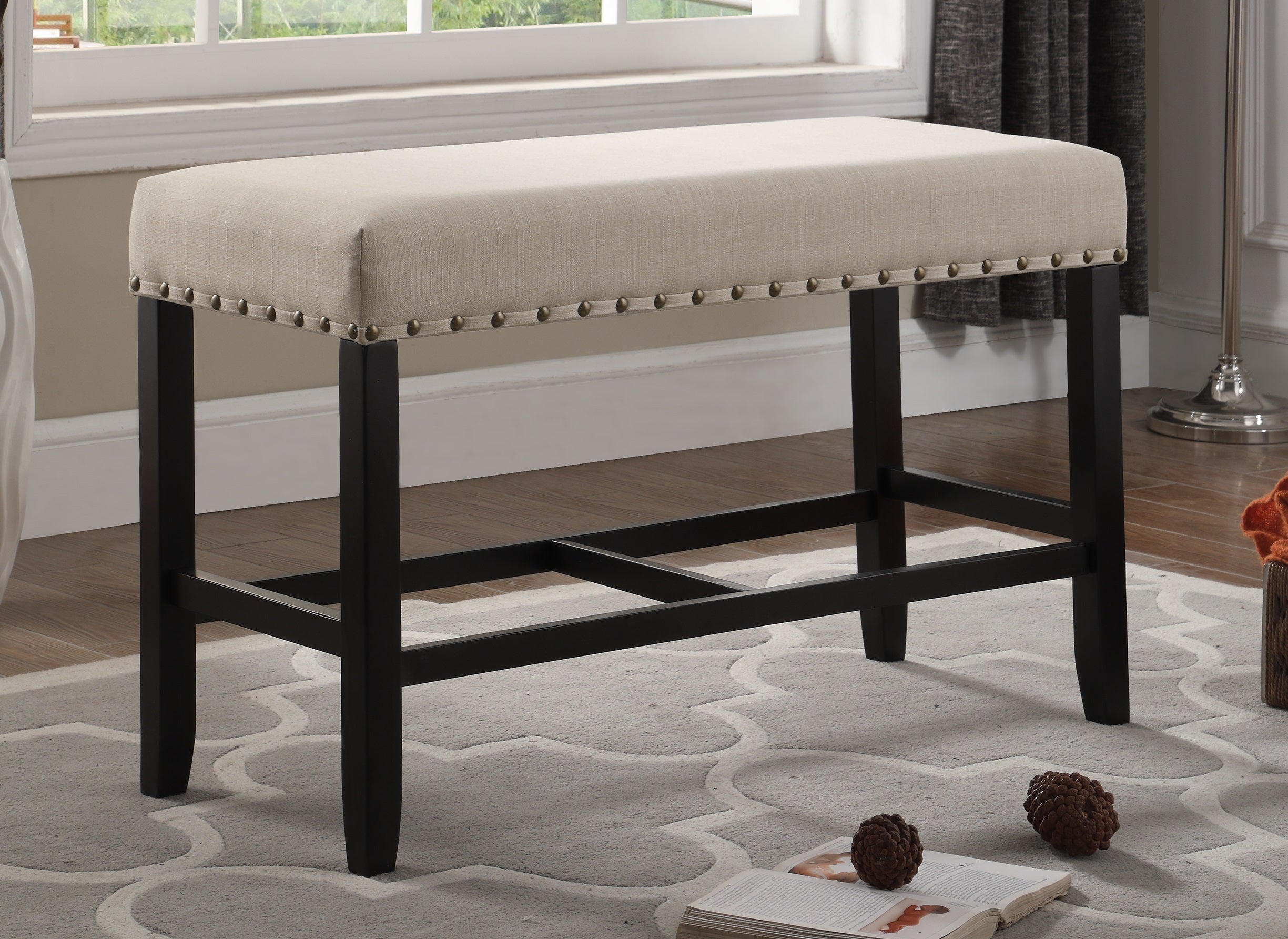 Roundhill Furniture Biony Fabric Counter Height Dining Bench with Nailhead Trim, Tan - Stylish Kitchen Island Seating for Small Spaces & Breakfast Nooks