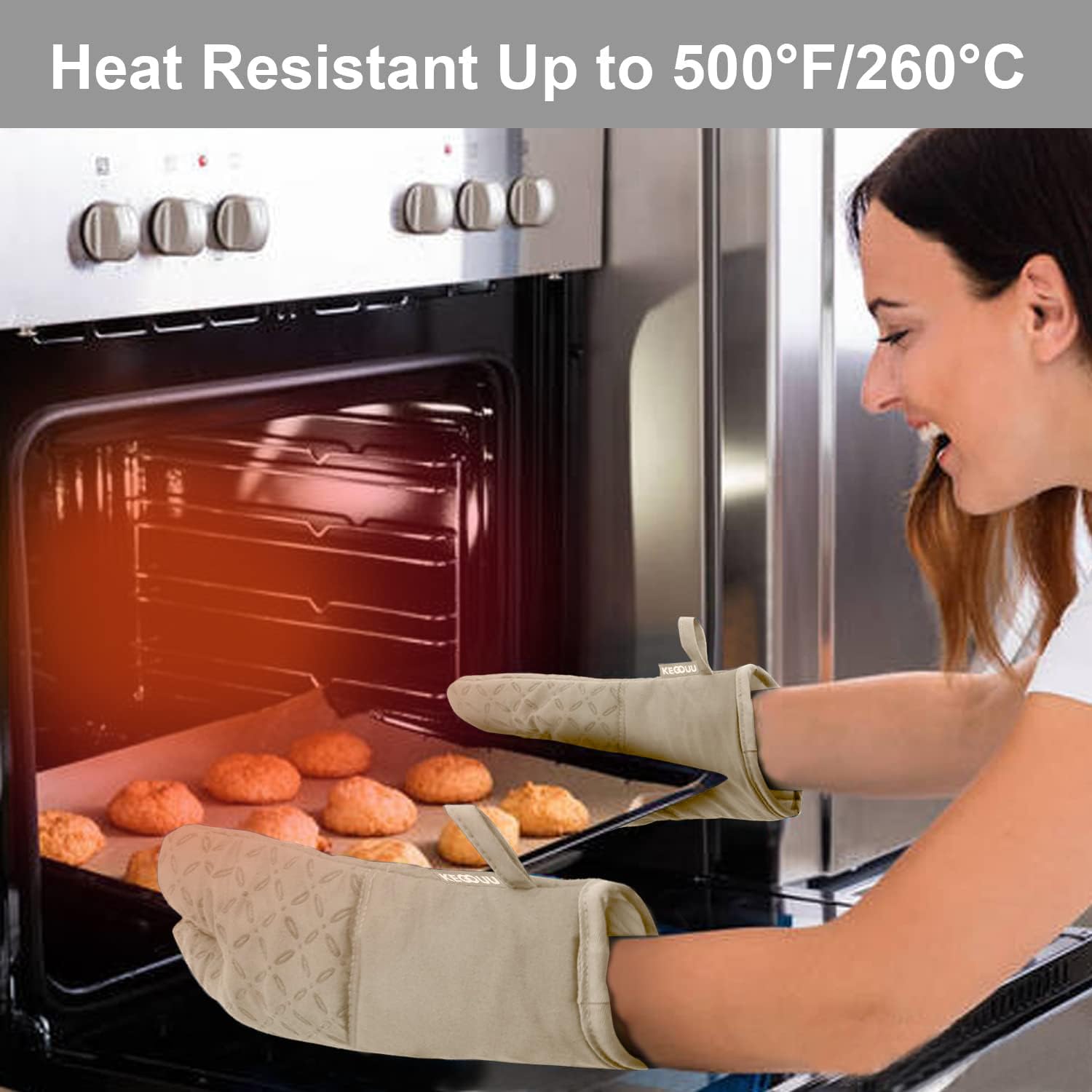 KEGOUU 6-Piece Heat Resistant Oven Mitts and Pot Holders Set - 500°F High Temperature Protection with Non-Slip Silicone Surface for Baking, Grilling & Cooking (Almond) - Perfect for Kitchen, BBQ & Outdoor Cooking