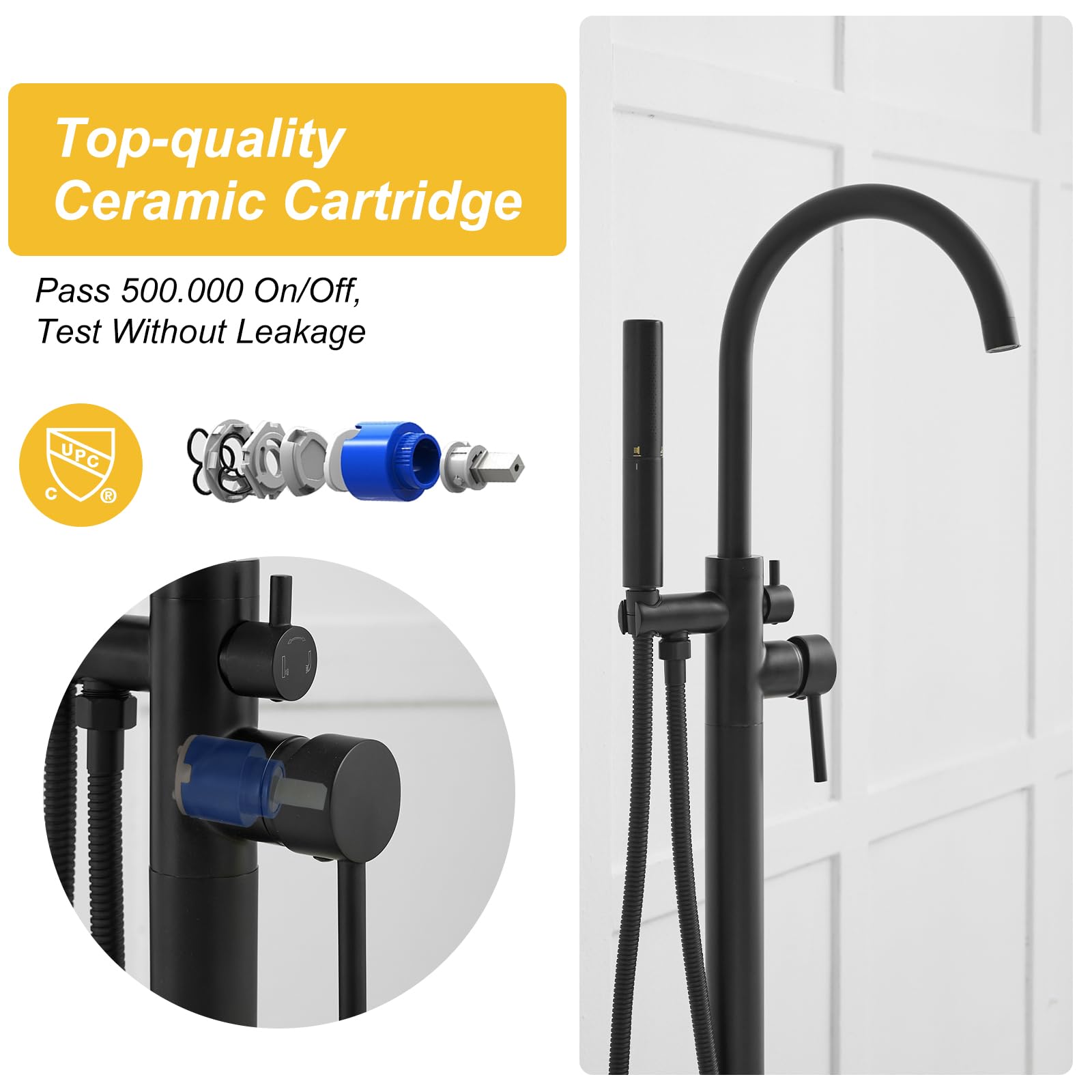 BESy Freestanding Bathtub Faucet - Floor Mount Brass Tub Filler with 2-Function Hand Shower Wand & Swivel Spout, Matte Black Finish - Perfect for Modern Bathroom Renovation and Spa-Like Relaxation
