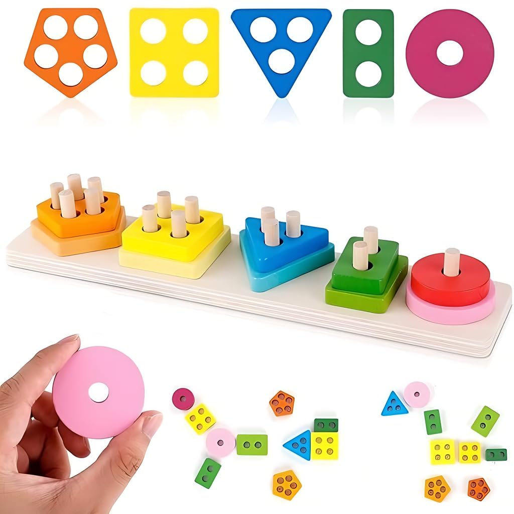 Montessori Wooden Stacking Toys for Toddlers - Safe Peg-Free Shape Sorter Learning Toys | Educational Preschool Toys for Babies & Kids | Perfect Birthday Gift for Various Game Play & Early Childhood Development | Ideal for Home, Classroom & Daycare Activities
