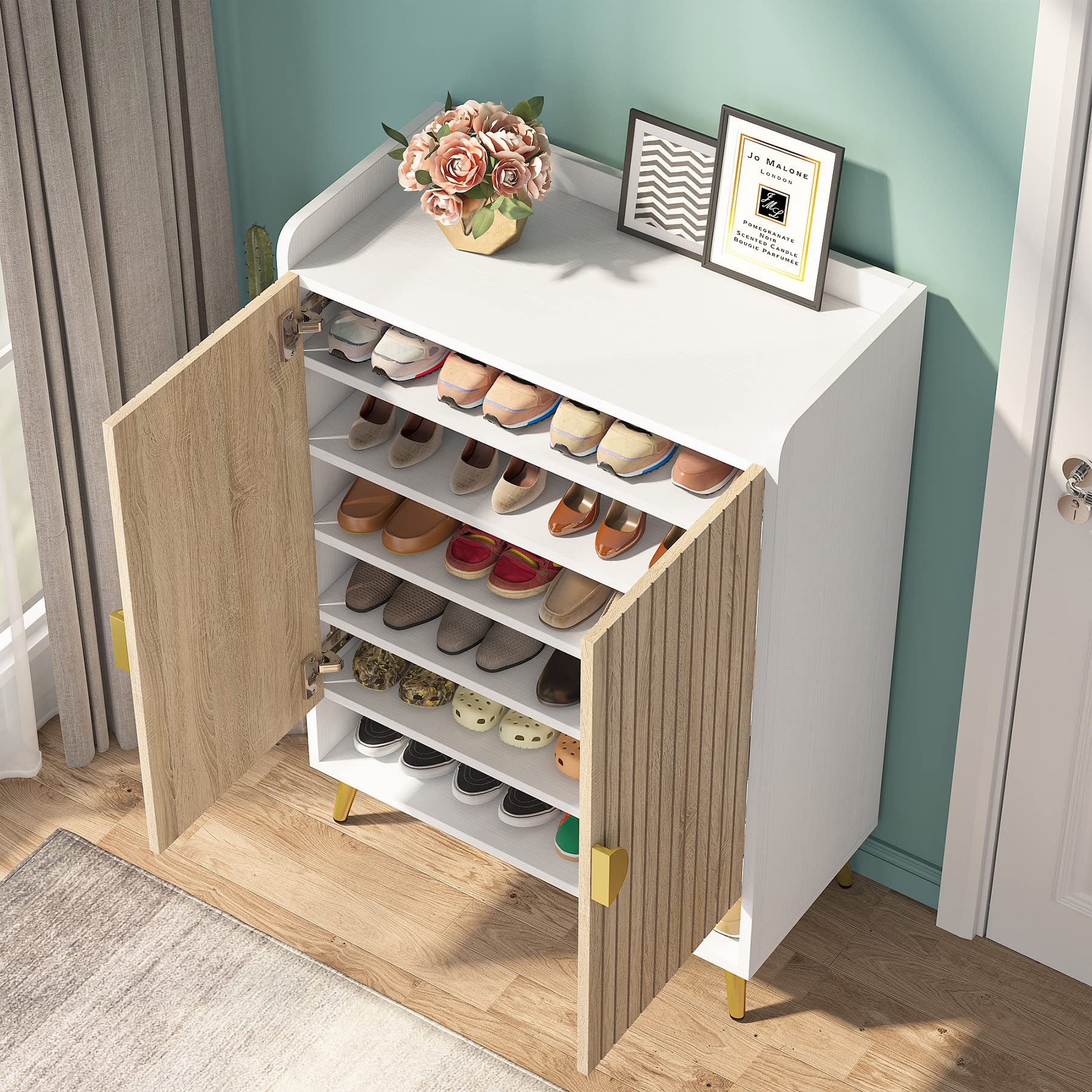 Tribesigns 7-Tier Wooden Shoe Cabinet with Adjustable Shelves & Doors - Modern Shoe Storage Organizer for Entryway, Hallway, Closet, Living Room - Gold Accent Wooden Shoe Rack for Home Organization & Space Saving