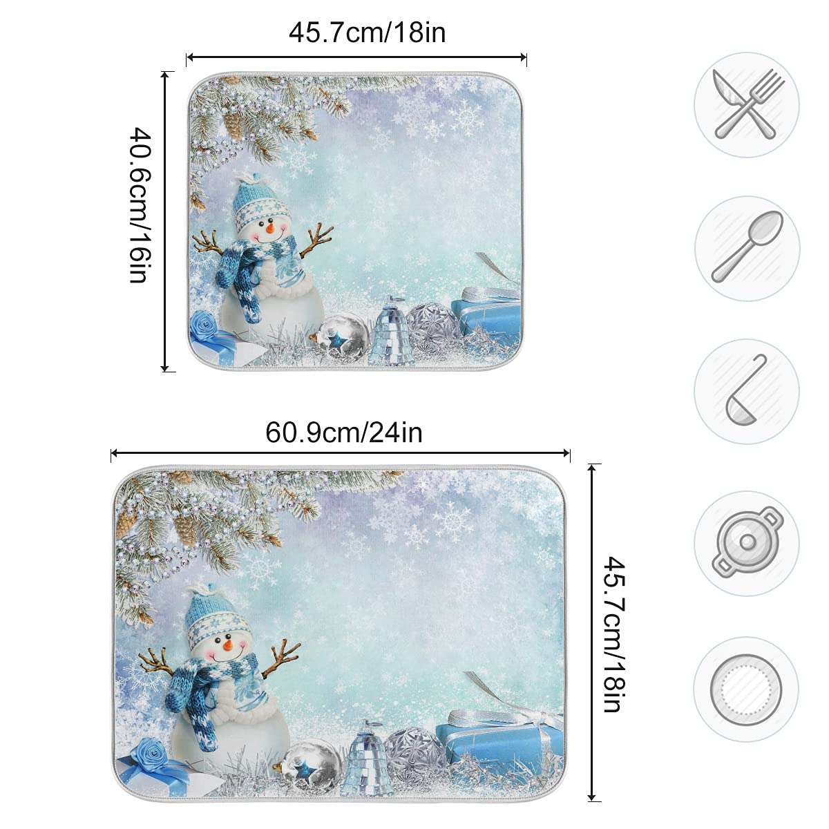 Snowflake Dish Drying Mat - Reversible Absorbent Microfiber Snowman Design, 16x18 Inch Kitchen Counter Decor for Holiday & Everyday Use