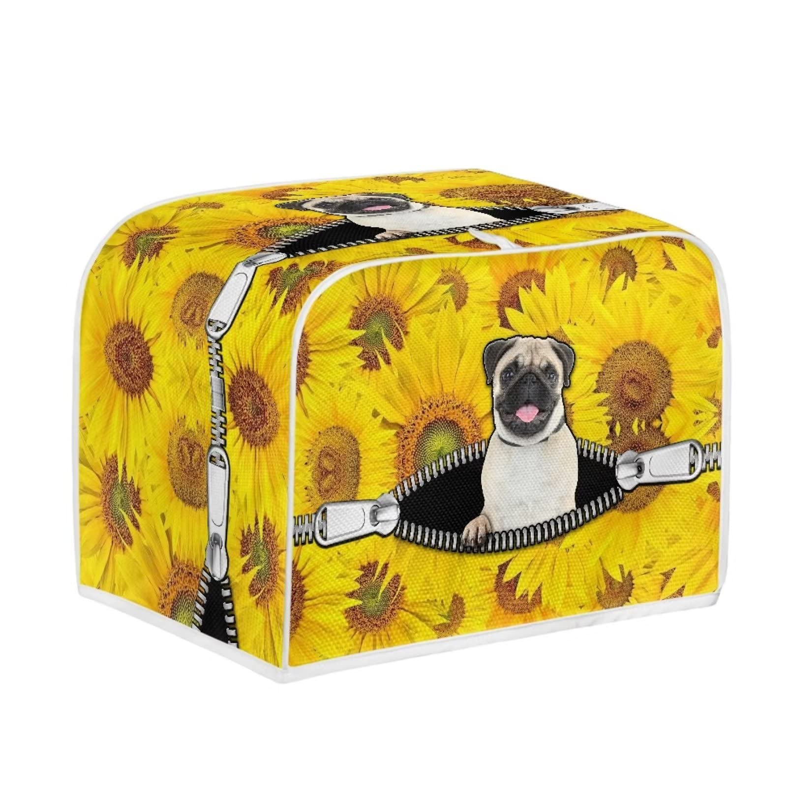 Pug Dog Print 4-Slice Toaster Cover - Dust Protection & Washable Kitchen Appliance Cover | Sunflower Zippered Bread Maker Cover for Toaster Oven | Cute Pet-Themed Kitchen Accessories for Home & Gift Use
