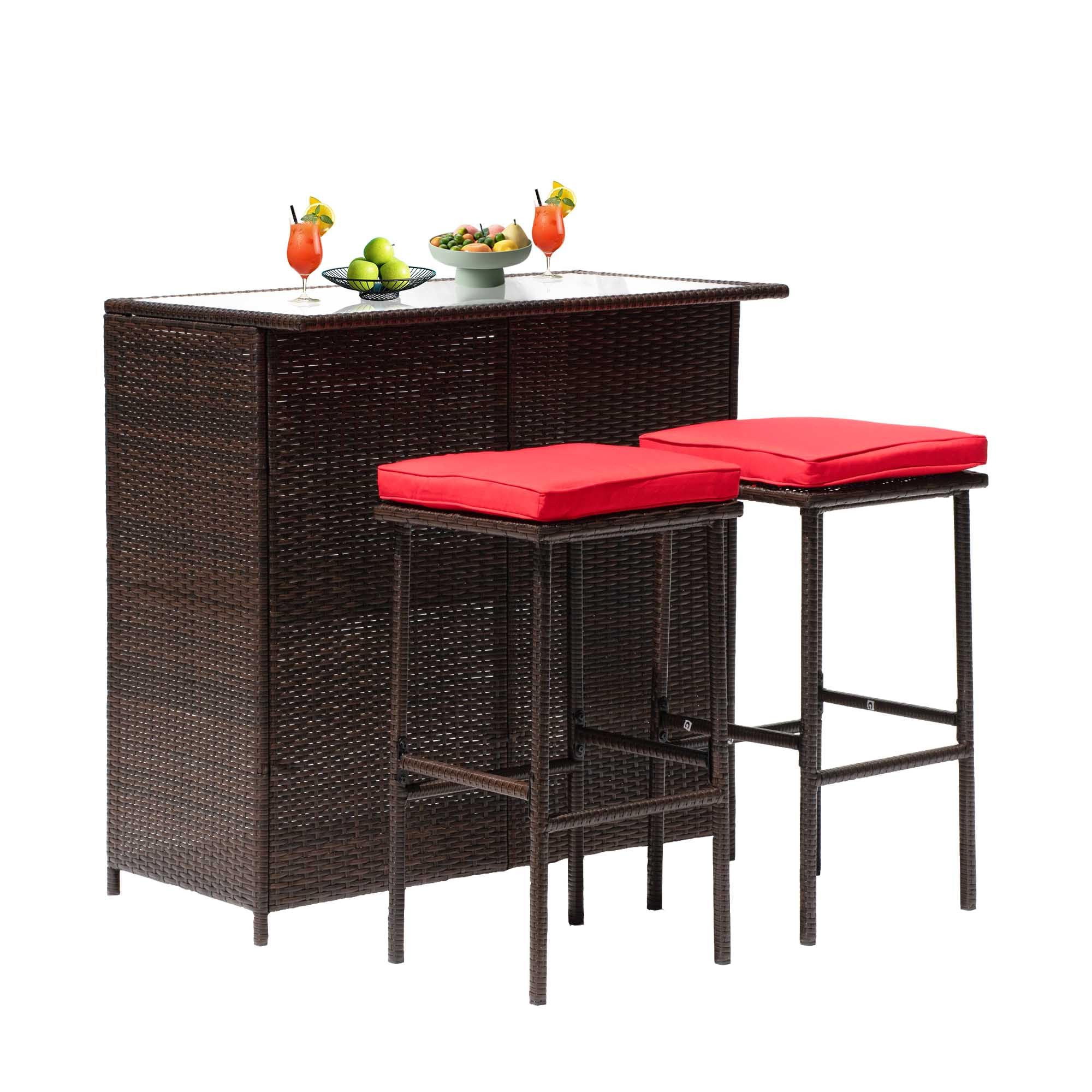 Premium 3-Piece Rattan Bar Set - Patio Wicker Bistro Table with Glass Top & 2 Bar Stools - Sturdy Frame with Storage Shelves - Outdoor/Indoor Use for Poolside, Porch, Garden & Backyard - Khaki (Red)