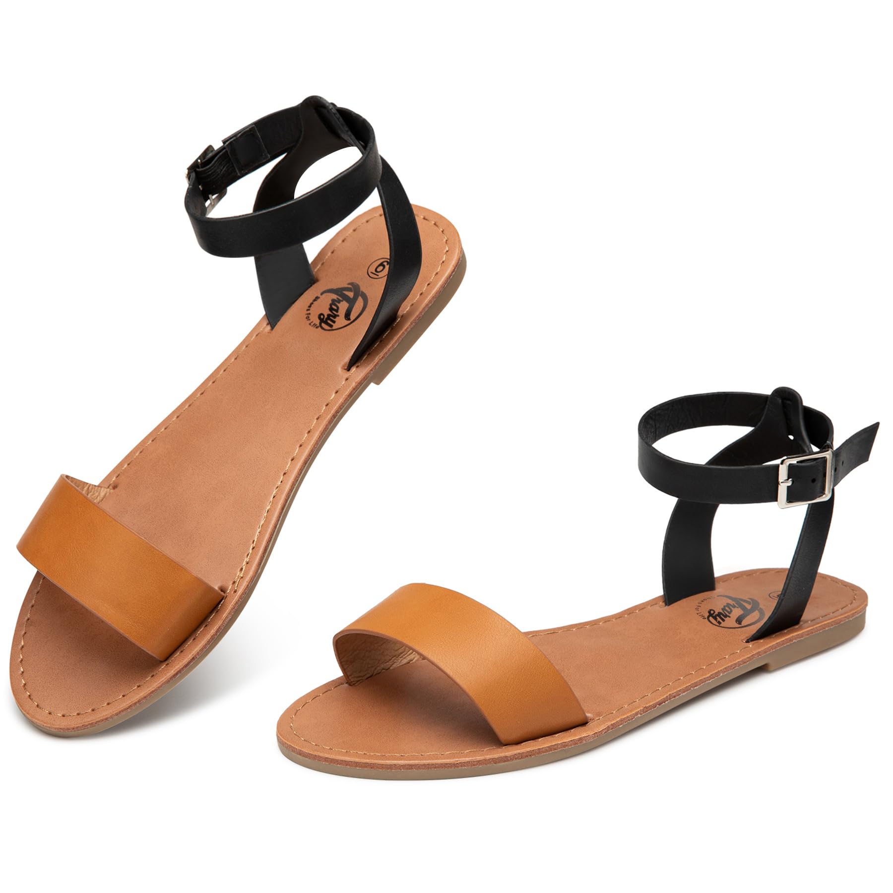 Women's Leather Gladiator Sandals - Dressy Summer Flat Sandals with Adjustable Ankle Strap & Metal Buckle | Open Toe Two-Tone Design for Weddings, Beach & Casual Outfits