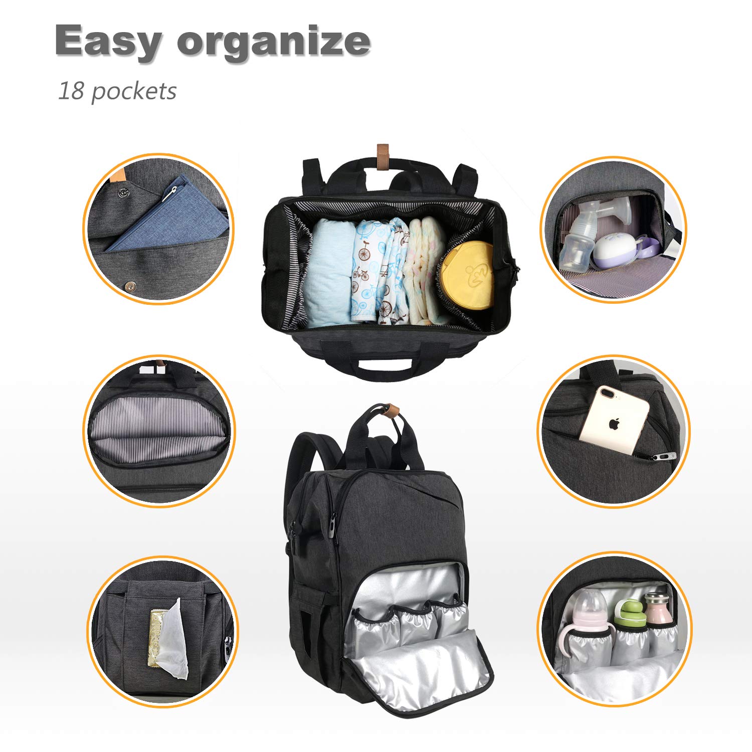 Hap Tim Large Waterproof Diaper Backpack for Travel & Maternity - Spacious Baby Nappy Bag with Stroller Straps & Double Compartments, Black (US7340-DG) | Perfect for Daycare, Family Outings & Airplane Travel with Baby Essentials