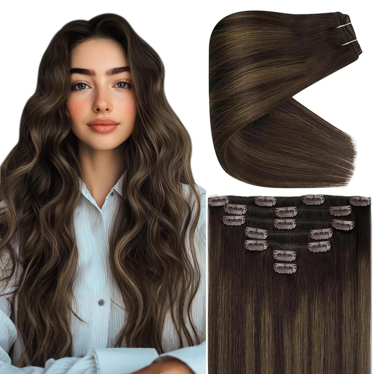 Ve Sunny 22 Inch Clip-in Human Hair Extensions - Balayage Brown Remy Hair Weft (120g, 7Pcs) for Volume & Length | Perfect for Daily Styling, Parties & Special Occasions