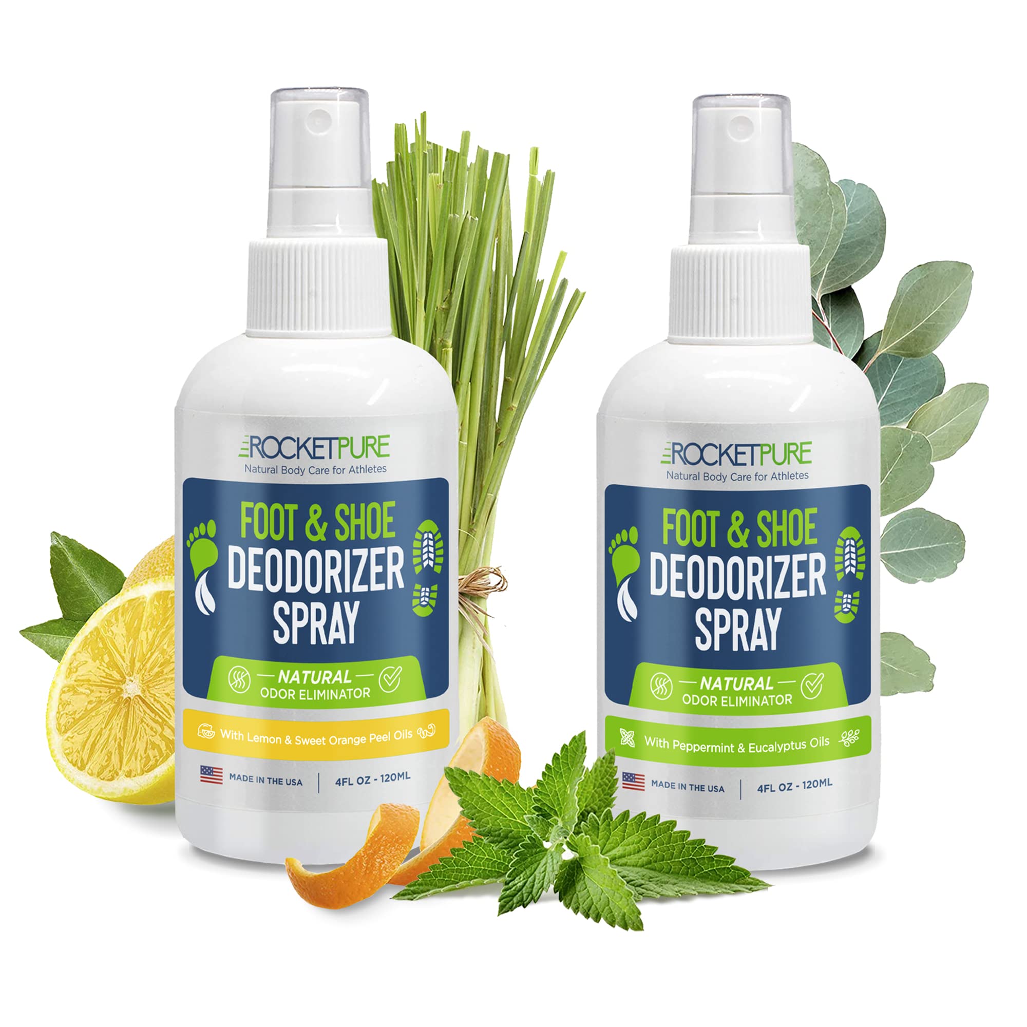 Natural Shoe Deodorizer Spray Bundle - Foot Spray & Shoe Odor Eliminator for Men & Women - Mint & Lemon Scented Freshener - Perfect for Gym Shoes, Work Boots & Daily Foot Care
