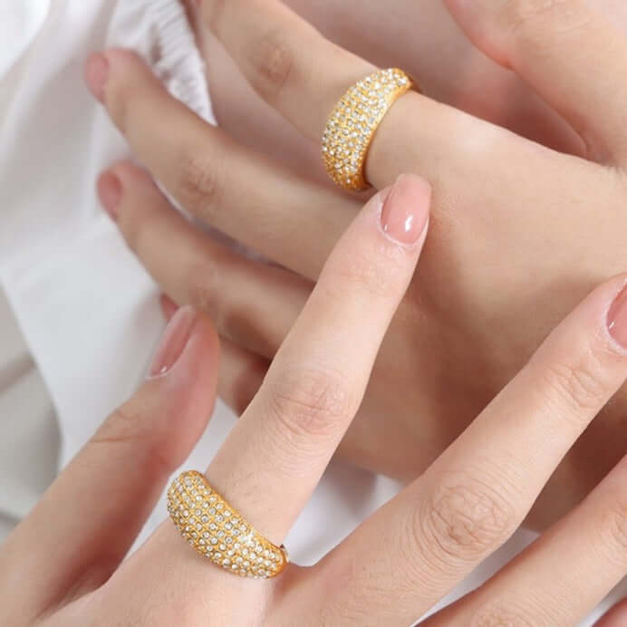 18K Gold Sparkly Pave Dome Ring for Women - Elegant Cubic Zirconia Wedding Engagement Promise Ring - Perfect for Anniversary, Valentine's Day Gift & Special Occasions