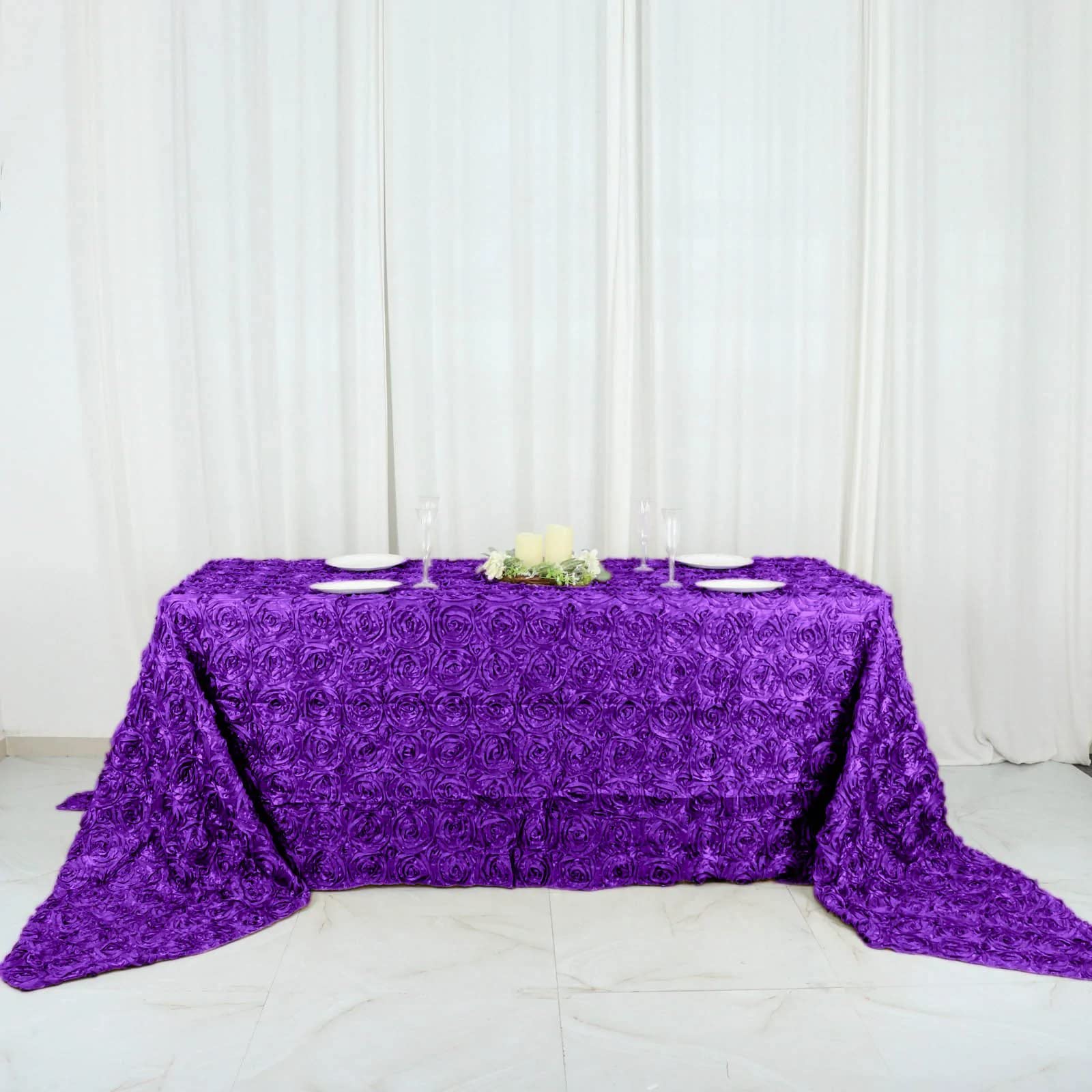 BalsaCircle 90x156 Inch Purple Satin Raised Rosettes Rectangle Tablecloth - Elegant Wedding Reception, Party Banquet & Formal Dining Room Table Linens for Special Occasions