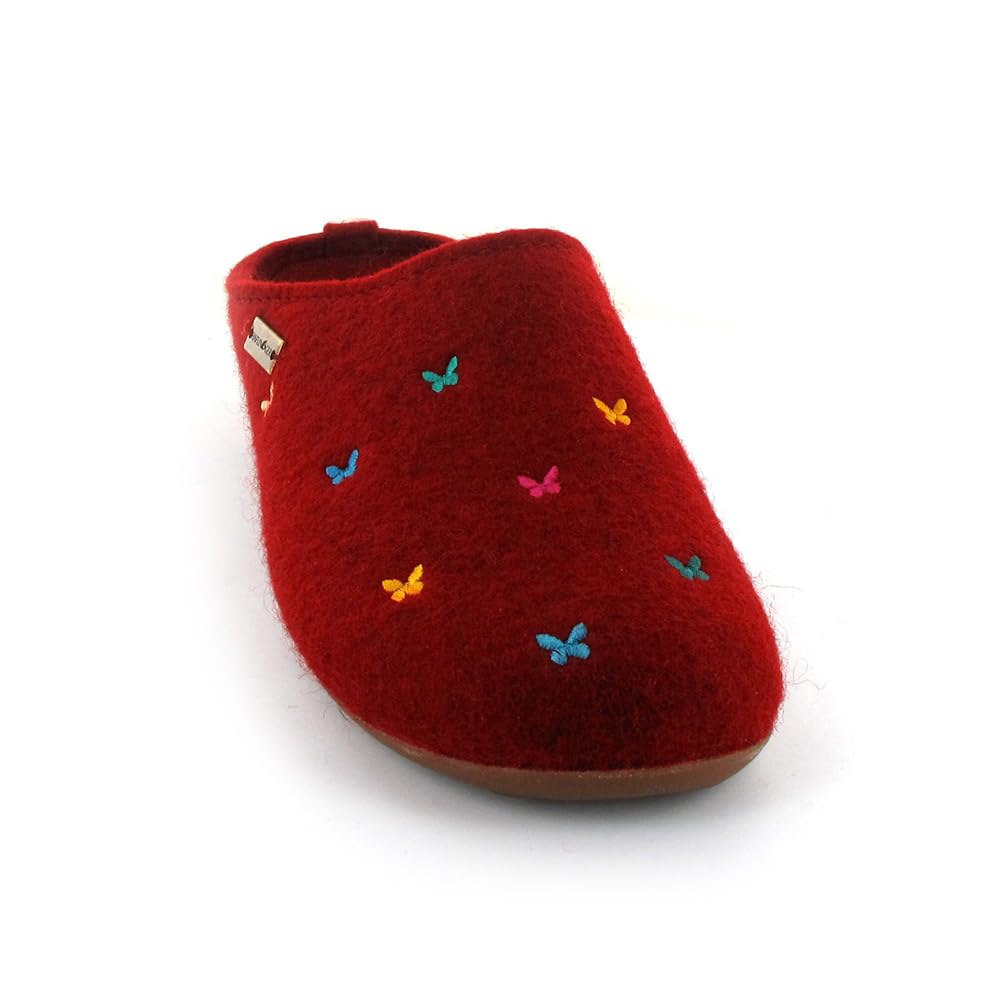 HAFLINGER Women's Wool Felt Slippers - Cozy Butterfly Design Mule Shoes for Indoor/Outdoor Wear - Unisex House Shoes for Relaxing at Home & Quick Errands