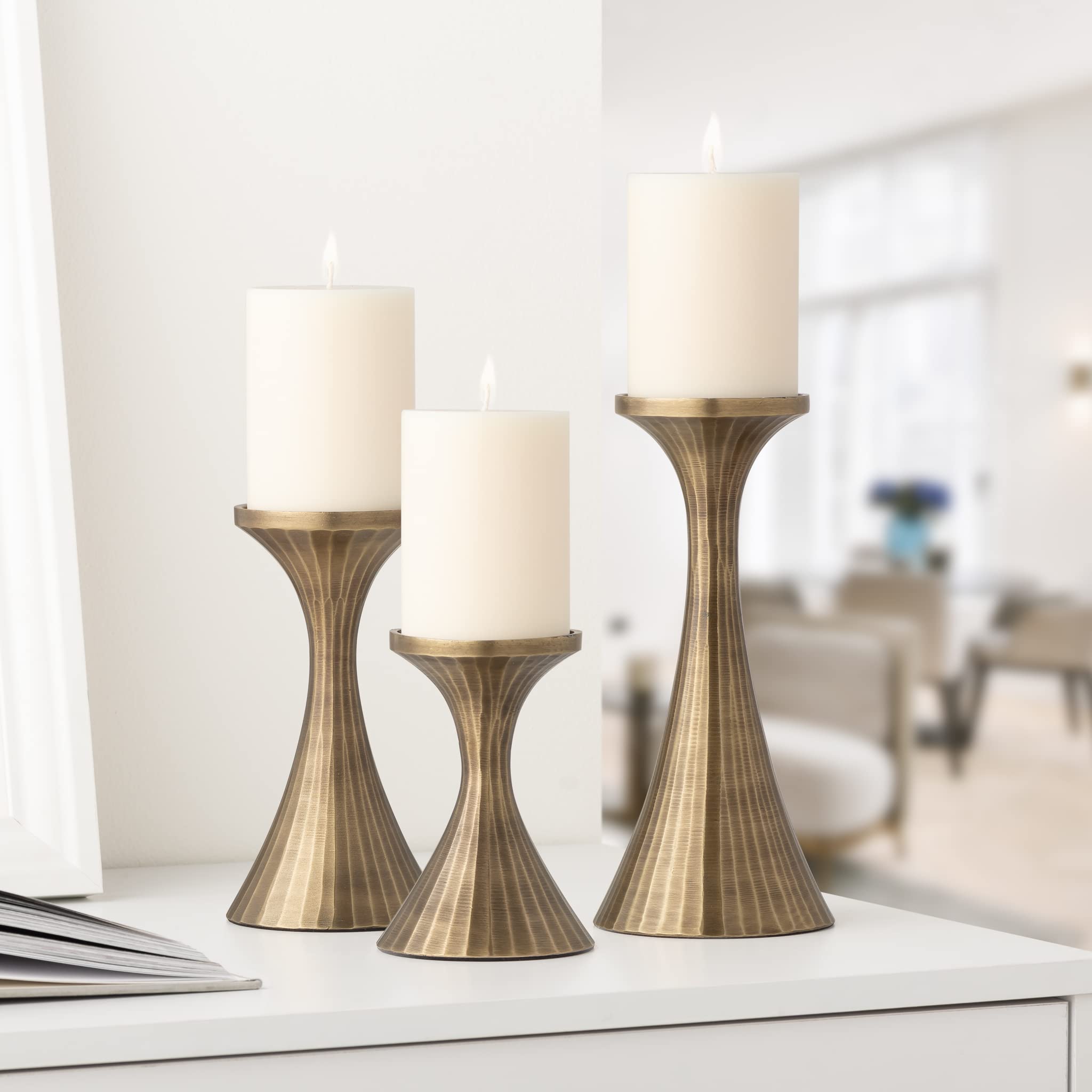 Torre & Tagus Tomar Set of 3 Vintage Gold Aluminum Pillar Candle Holders - Elegant Mantel Decor for Living Room, Dining Table Centerpiece, Modern Kitchen & Wedding Decoration - Perfect for Romantic Dinners, Holiday Decor & Home Ambiance Lighting